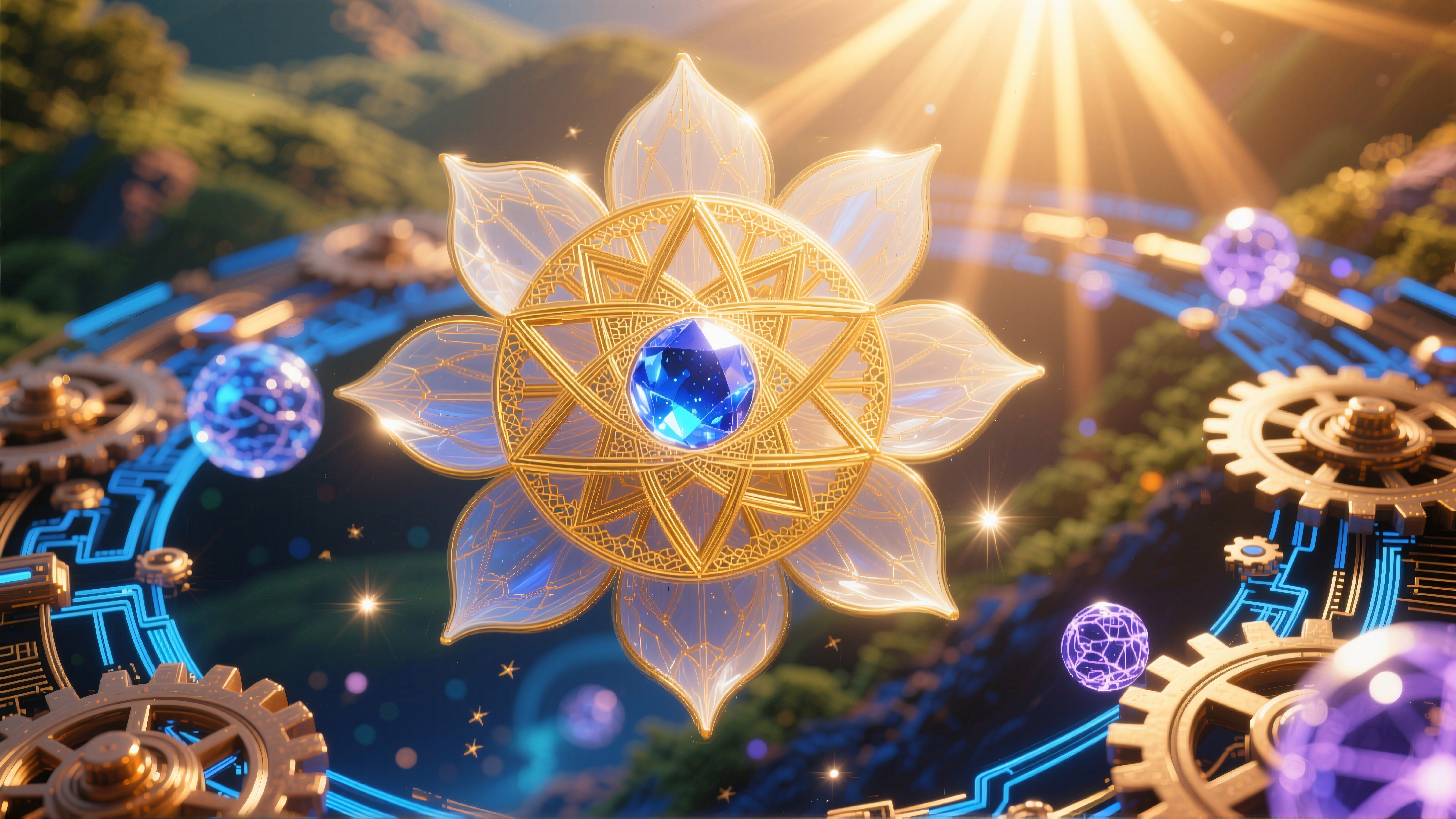 A golden mandala with a blue gemstone, surrounded by gears and floating orbs, set against a lush landscape.