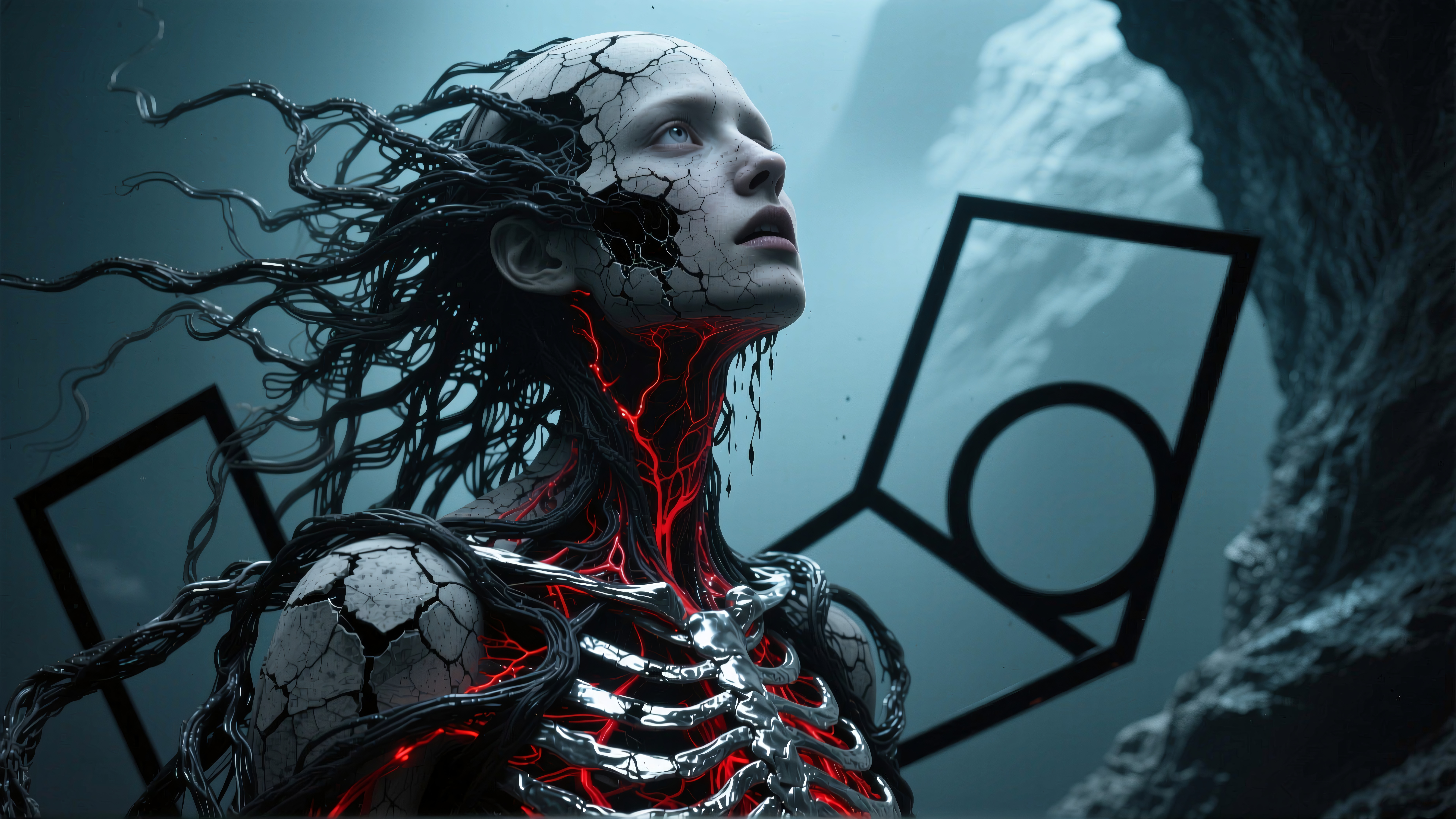 An abstract depiction of a transhuman figure with glowing veins, merging human and machine elements in a futuristic environment.