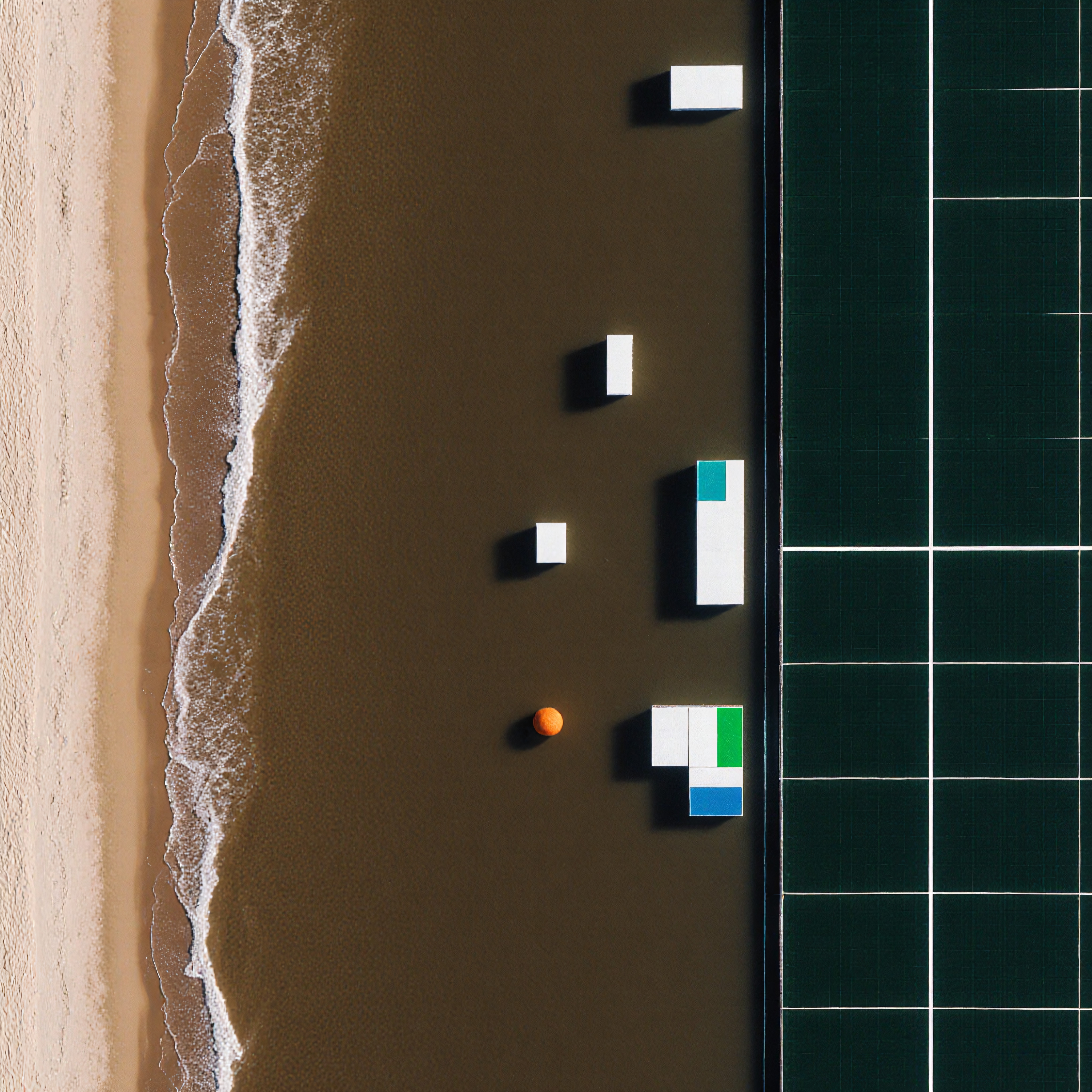 Aerial view of a beach with geometric structures and a sports court.