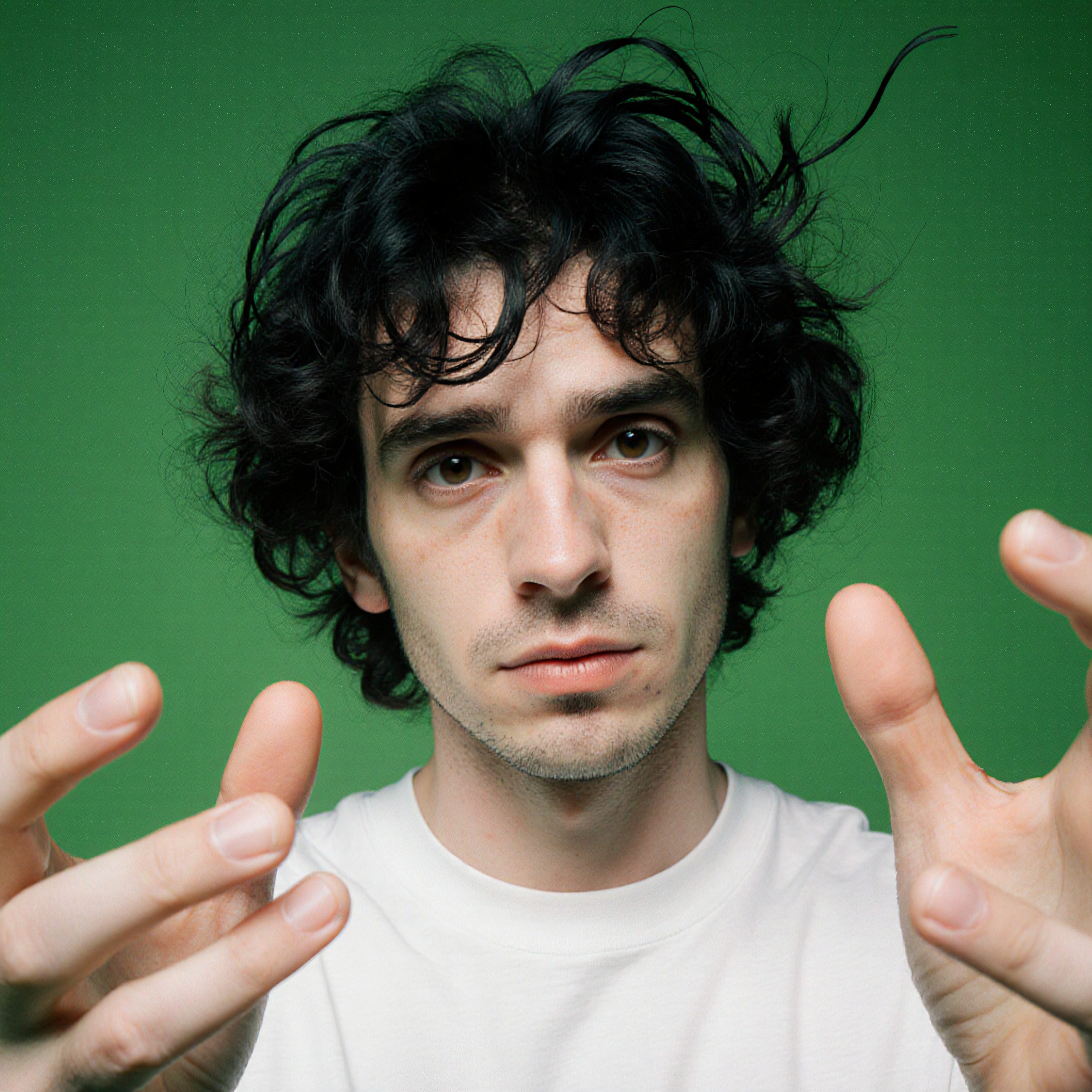 A contemplative young man with curly hair, wearing a white shirt, gestures towards the camera against a green background.