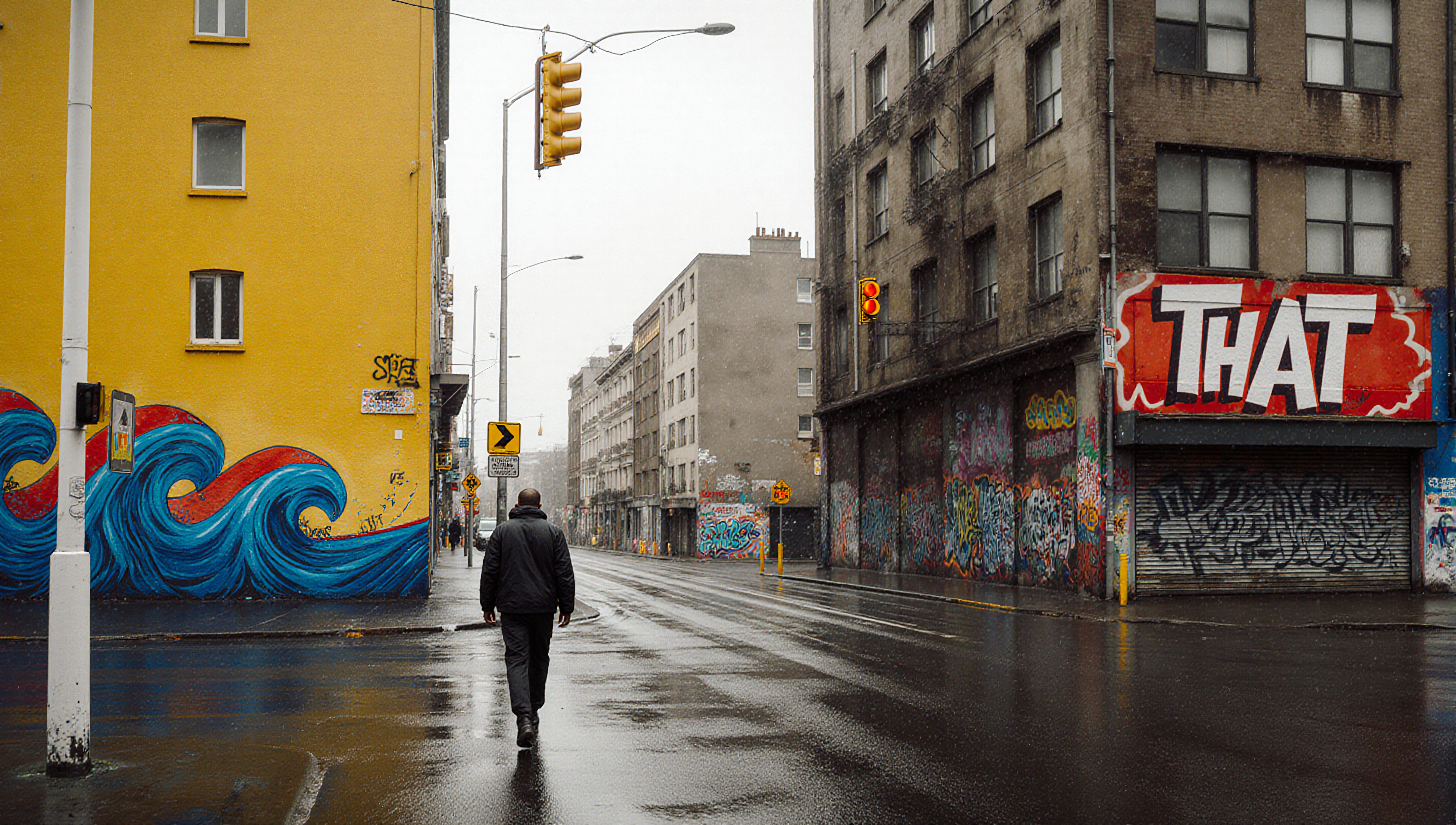 Man walking on rainy graffiti-adorned street.