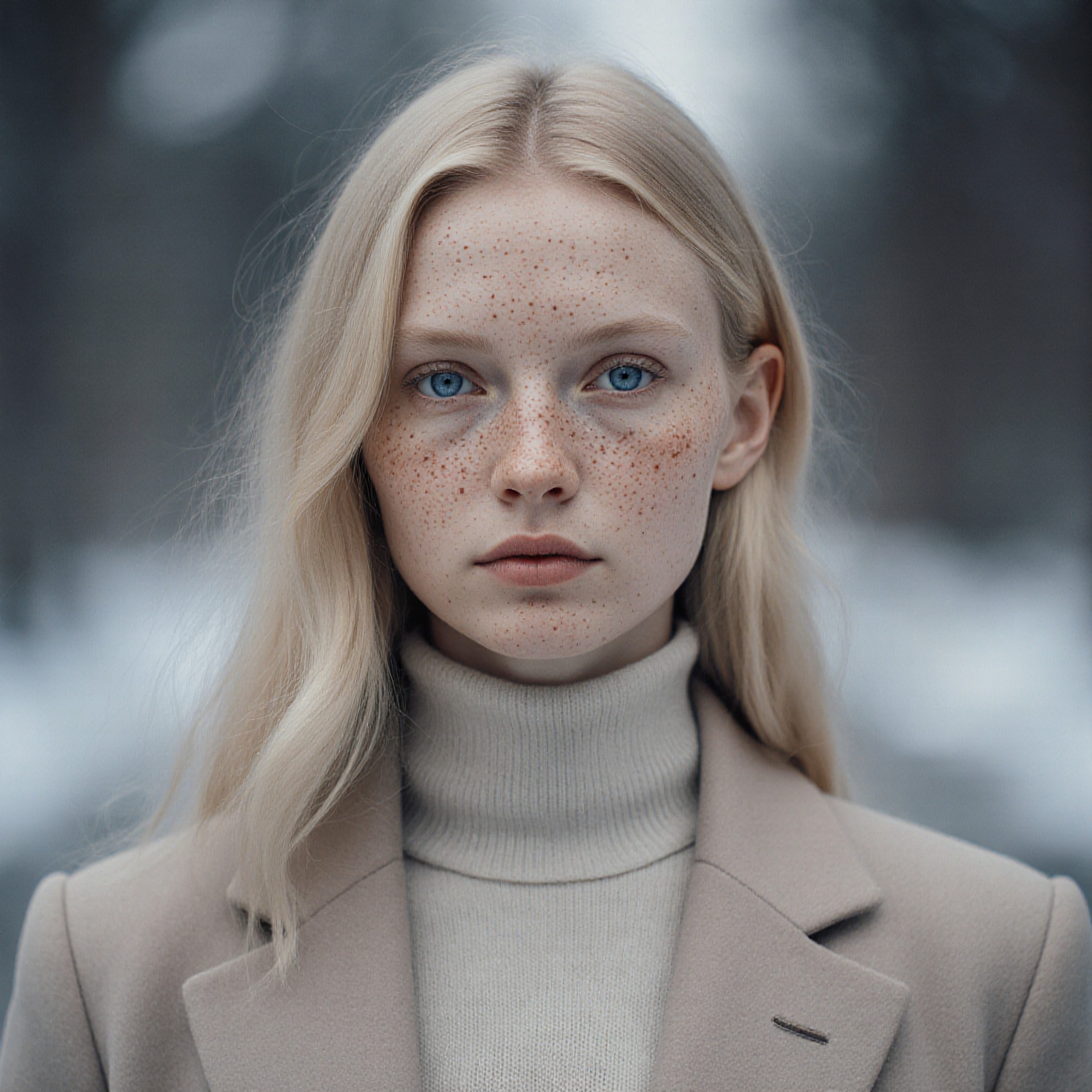 Blonde woman with freckles in winter setting wearing beige coat and turtleneck, snowy background.