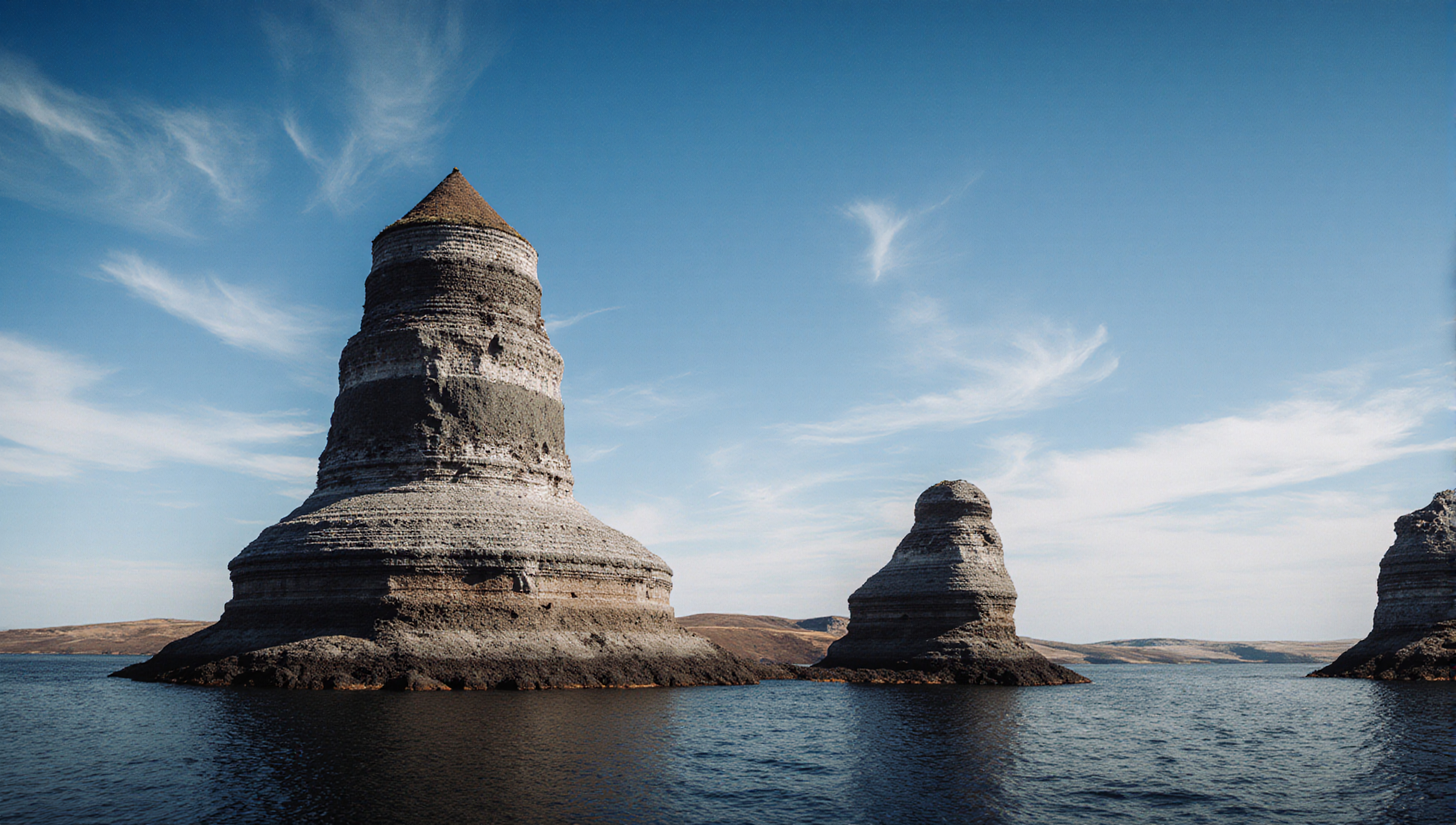 A serene landscape with unique, towering rock formations rising from calm waters.