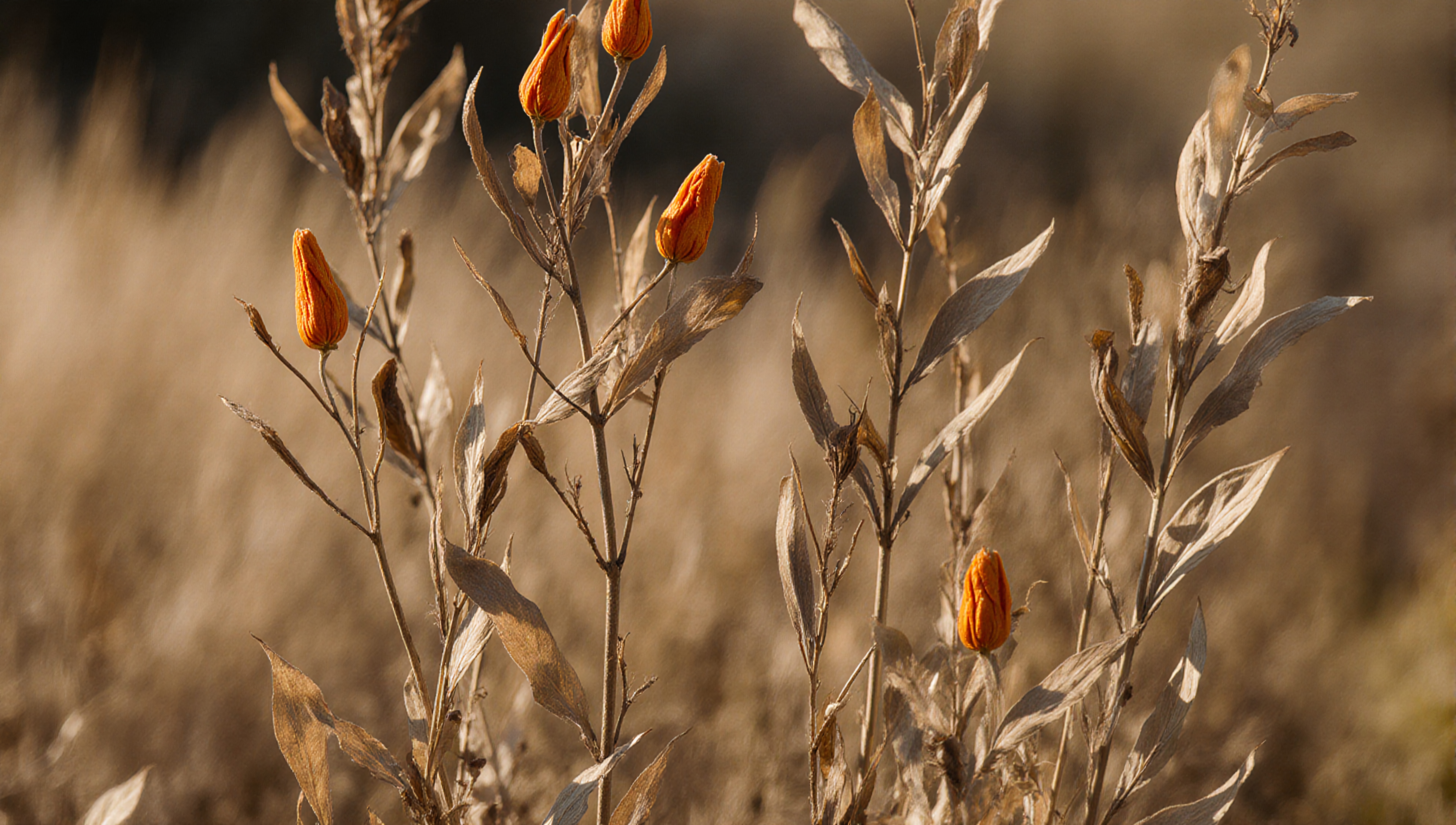 A close-up of dry plant stems with orange buds against a blurred background.