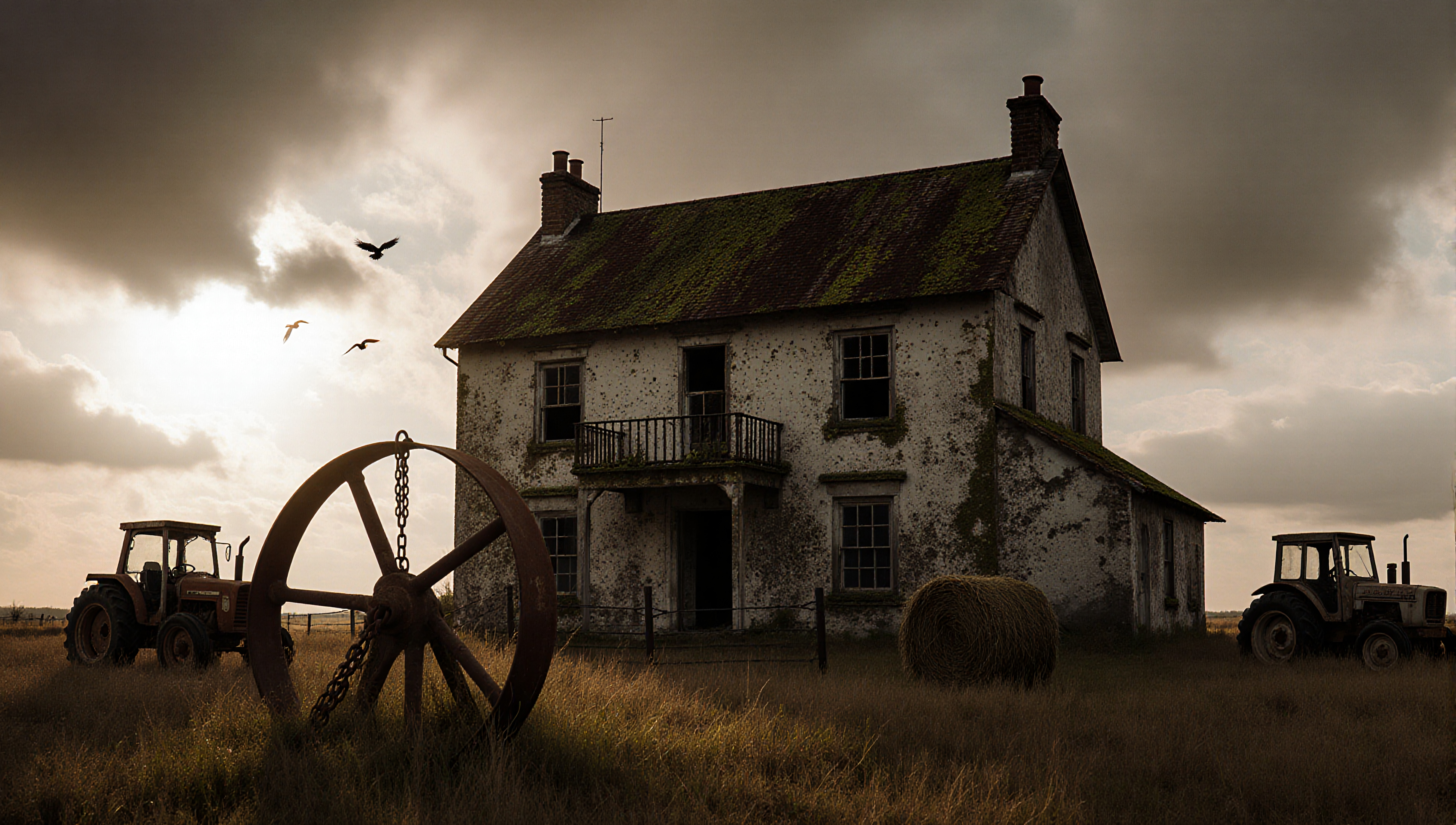 Old farmhouse with tractors and rustic scenery in a moody, overcast field.