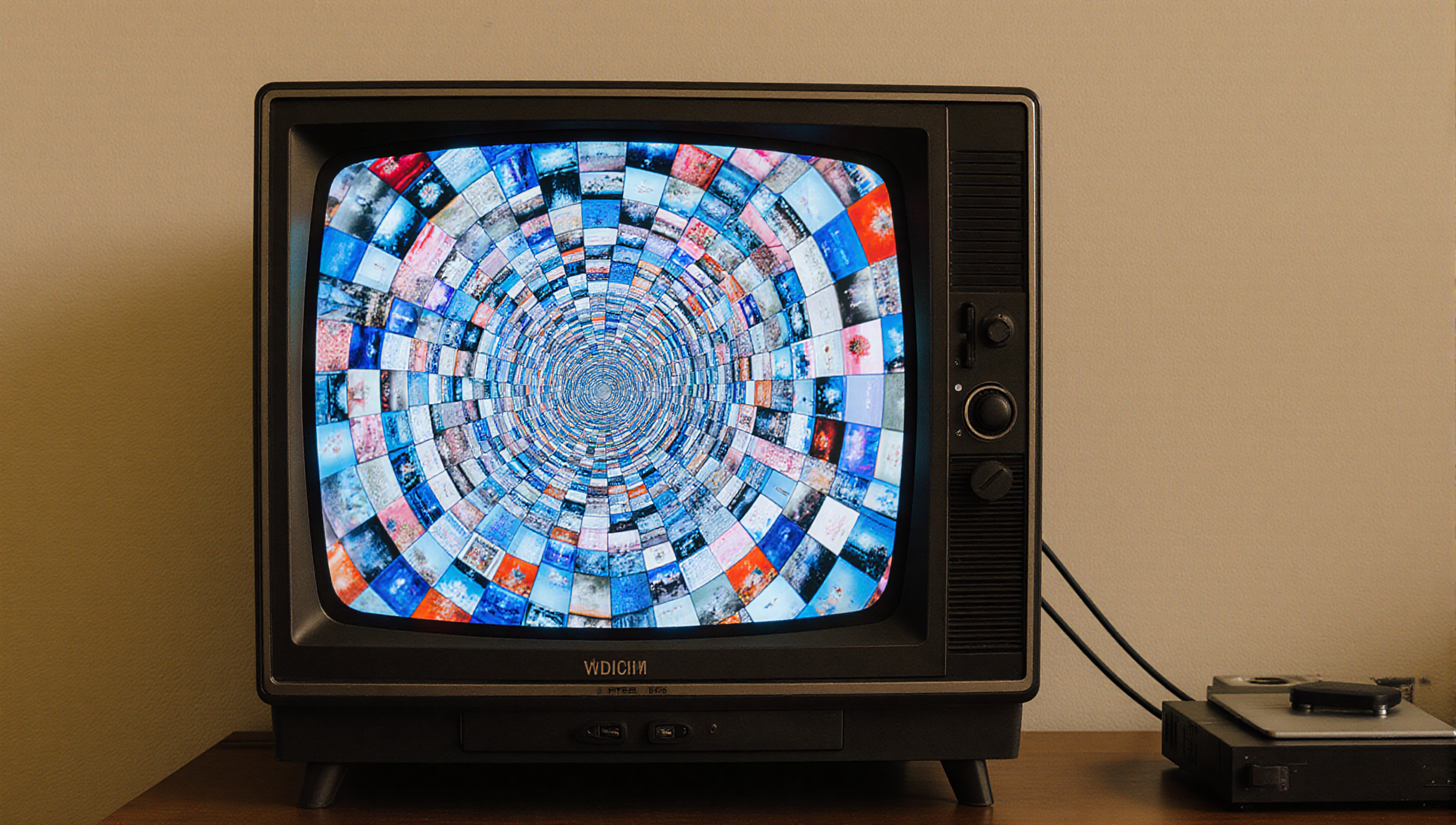 A vintage TV displays a mesmerizing spiral of images.
