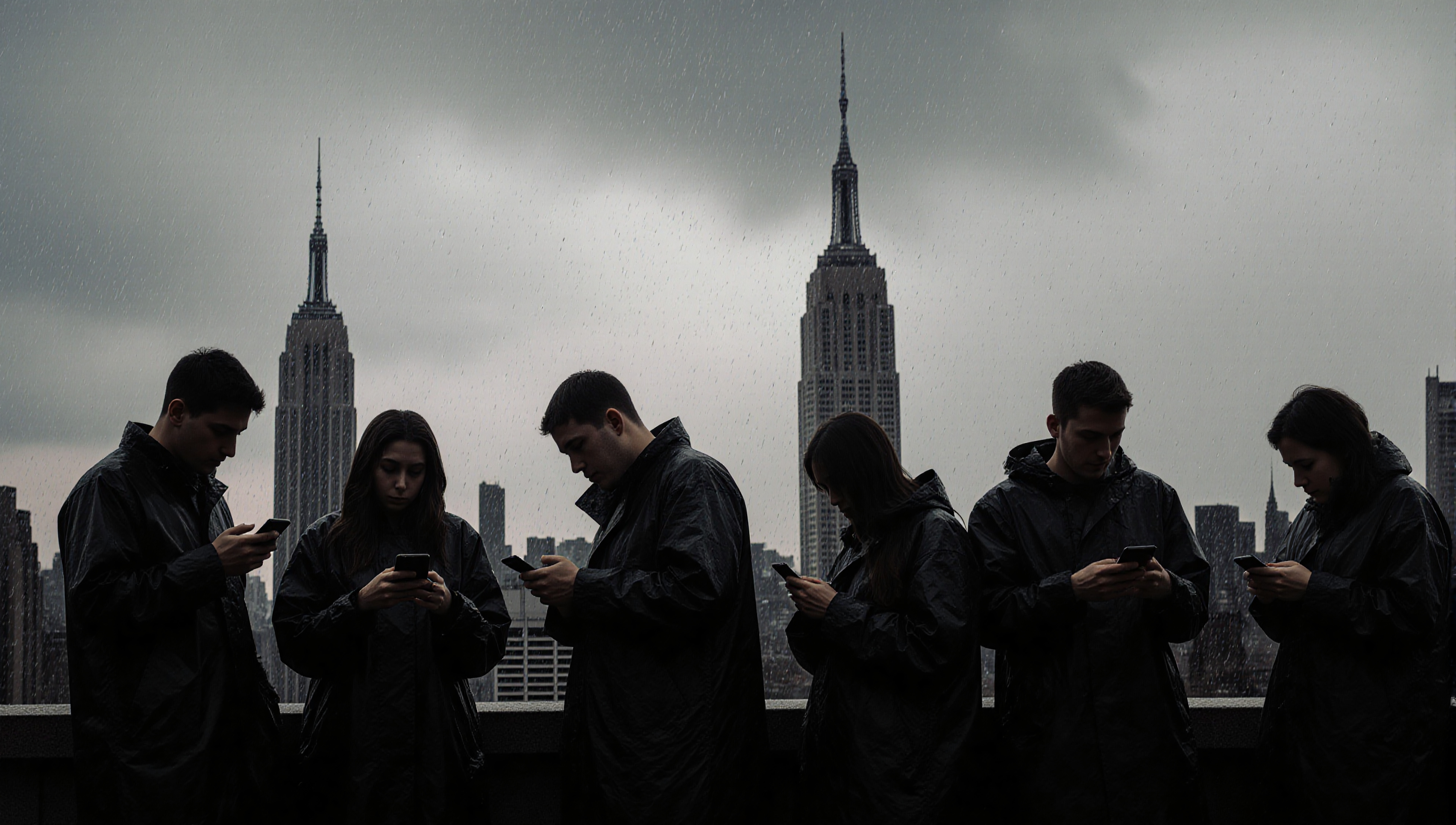 A group of people in raincoats focused on smartphones in front of the Empire State Building on a rainy day.