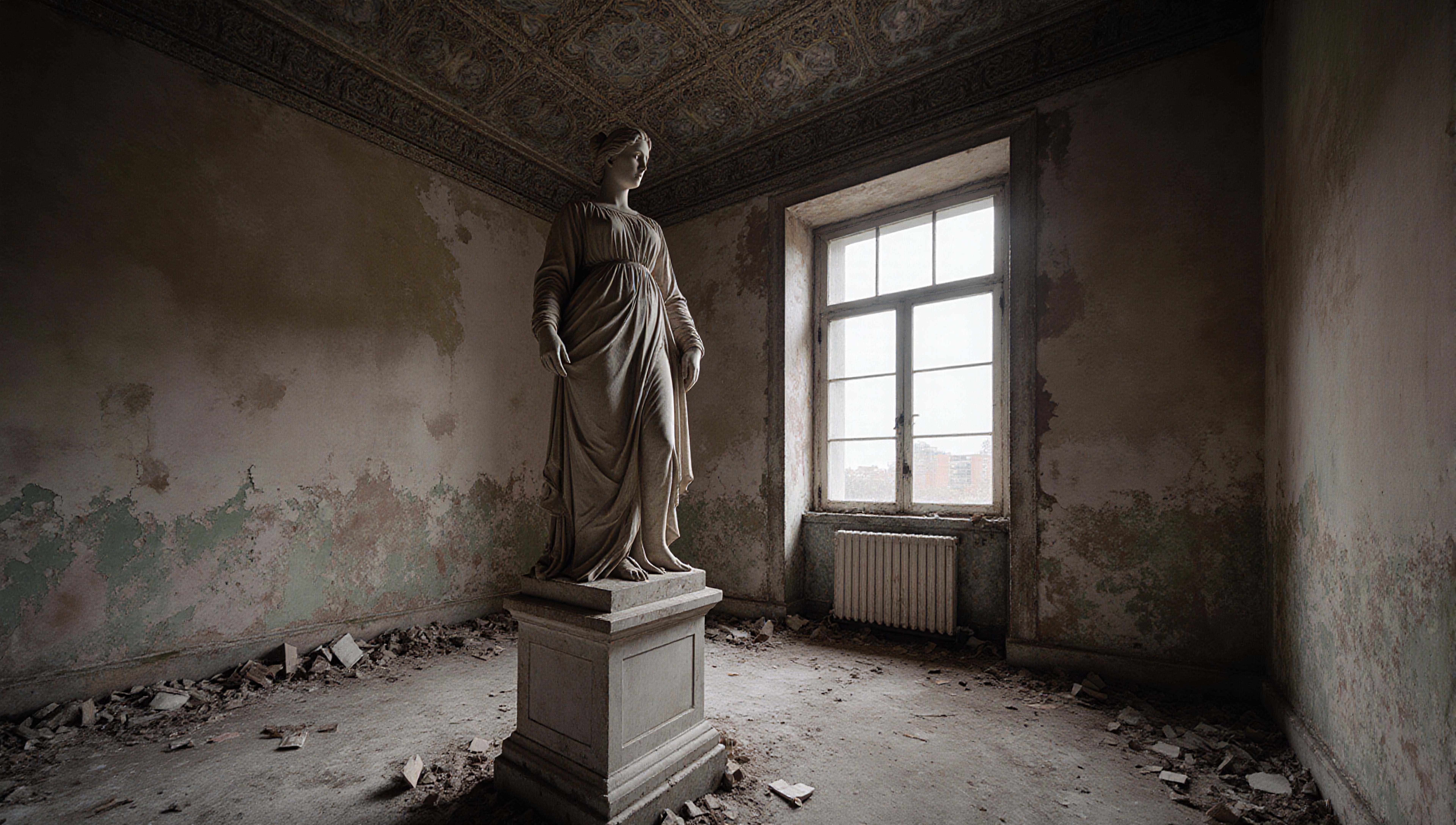 Classical statue in an abandoned room with ornate ceiling and peeling walls.