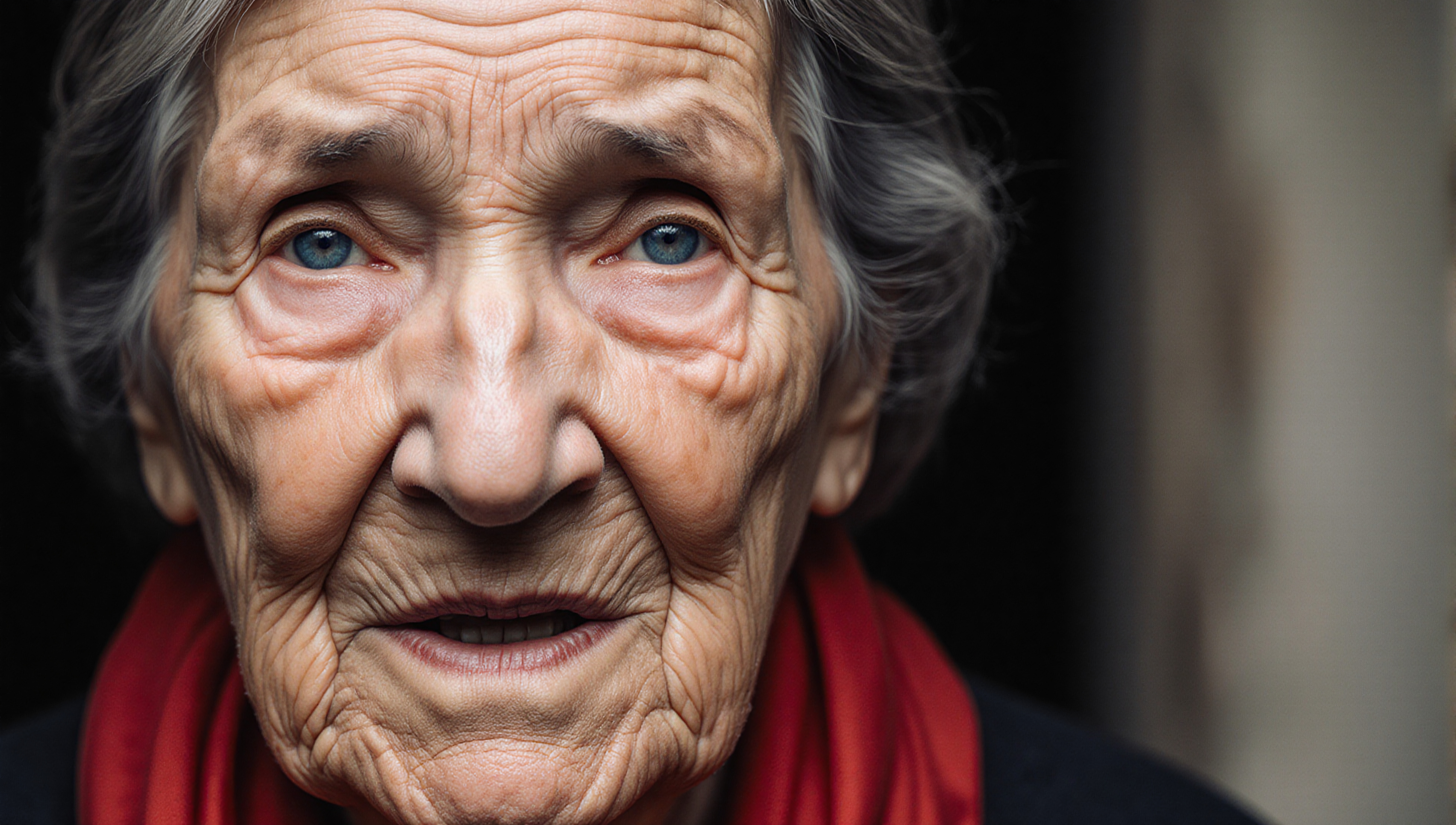 Portrait of an elderly woman with blue eyes, wisdom, and a red scarf.