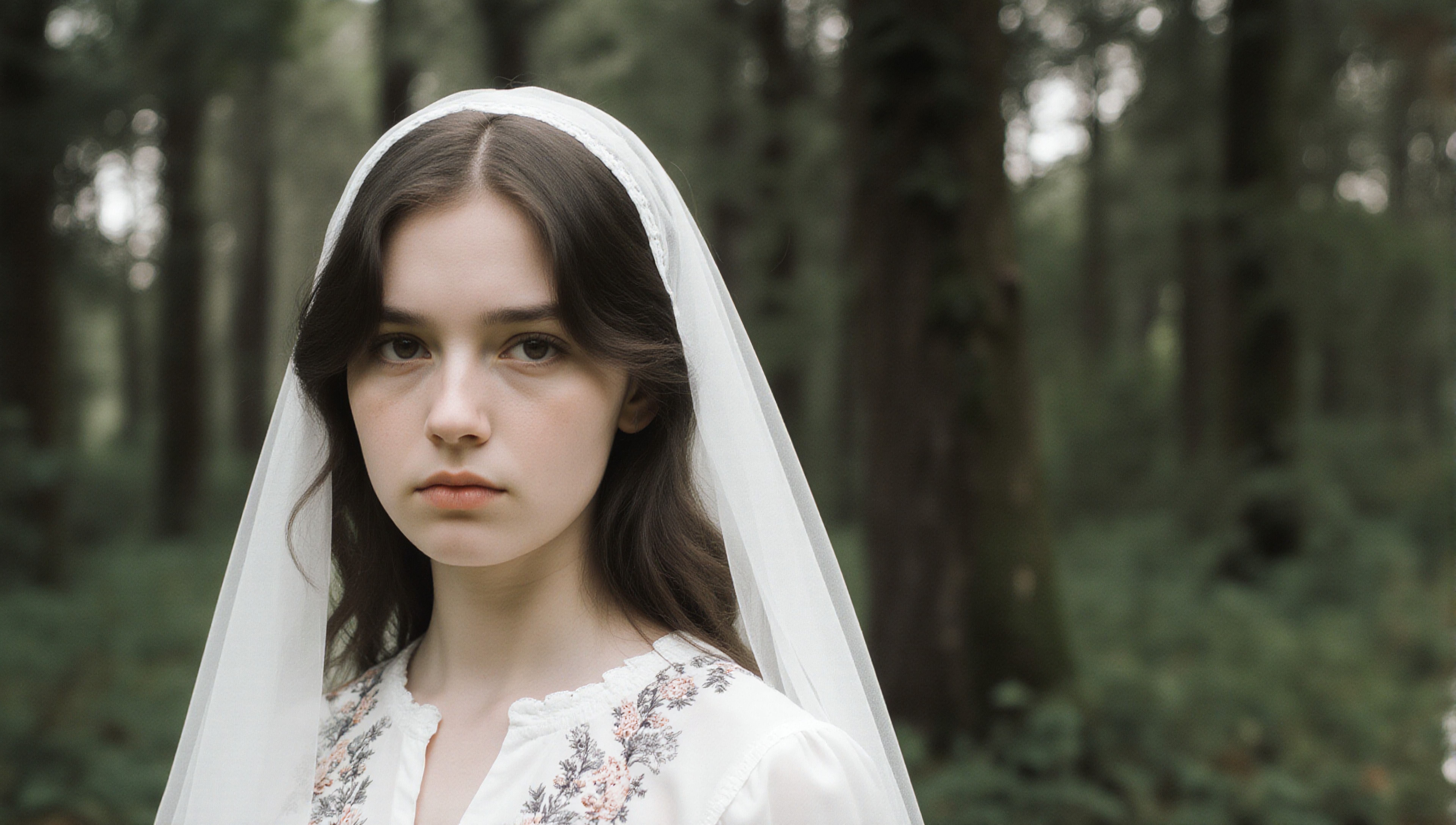 A young woman in a white veil stands contemplatively in a peaceful forest setting.