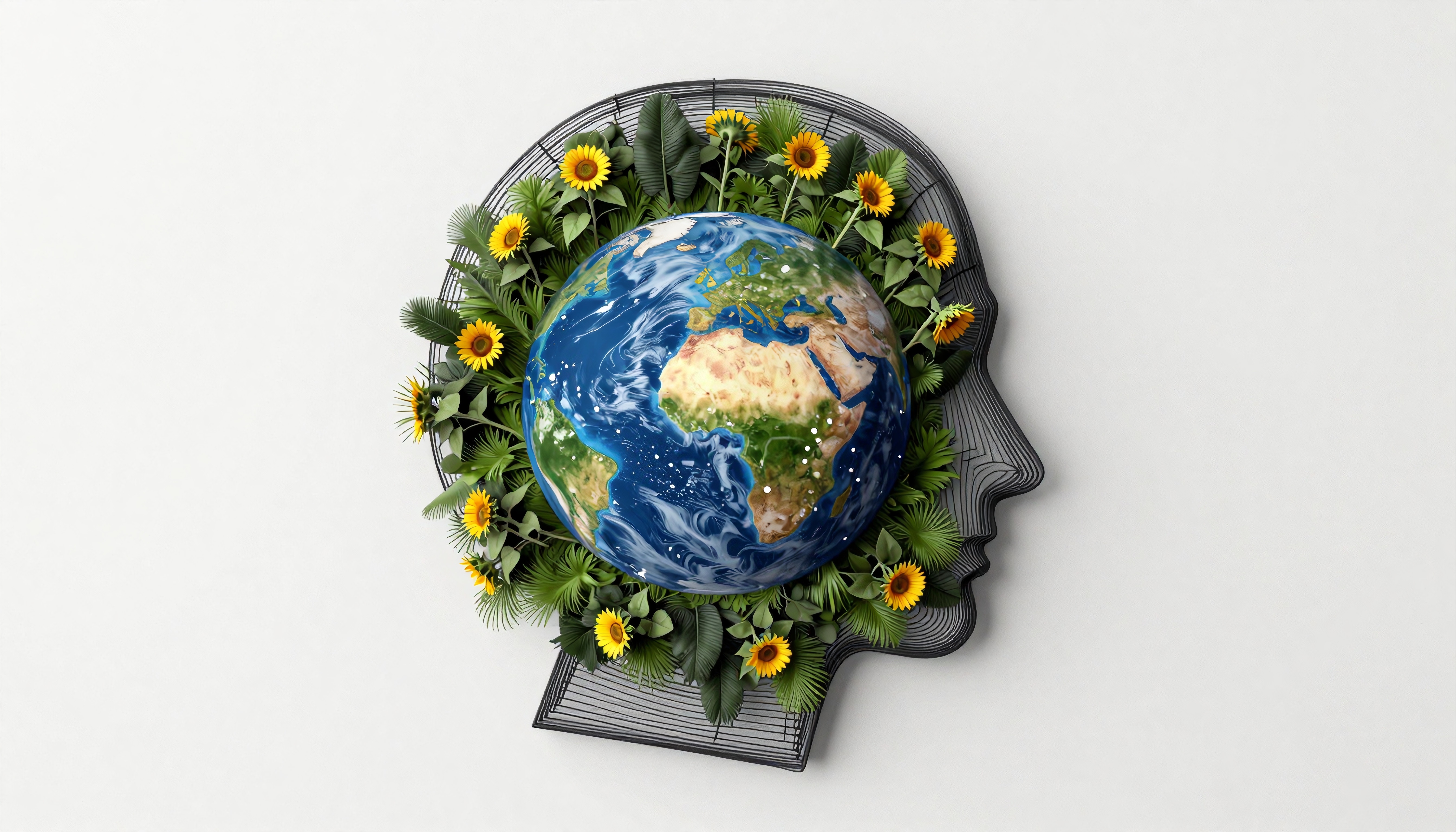 Image depicting a globe inside a human head silhouette with vibrant sunflowers and green leaves, symbolizing environmental harmony and awareness.