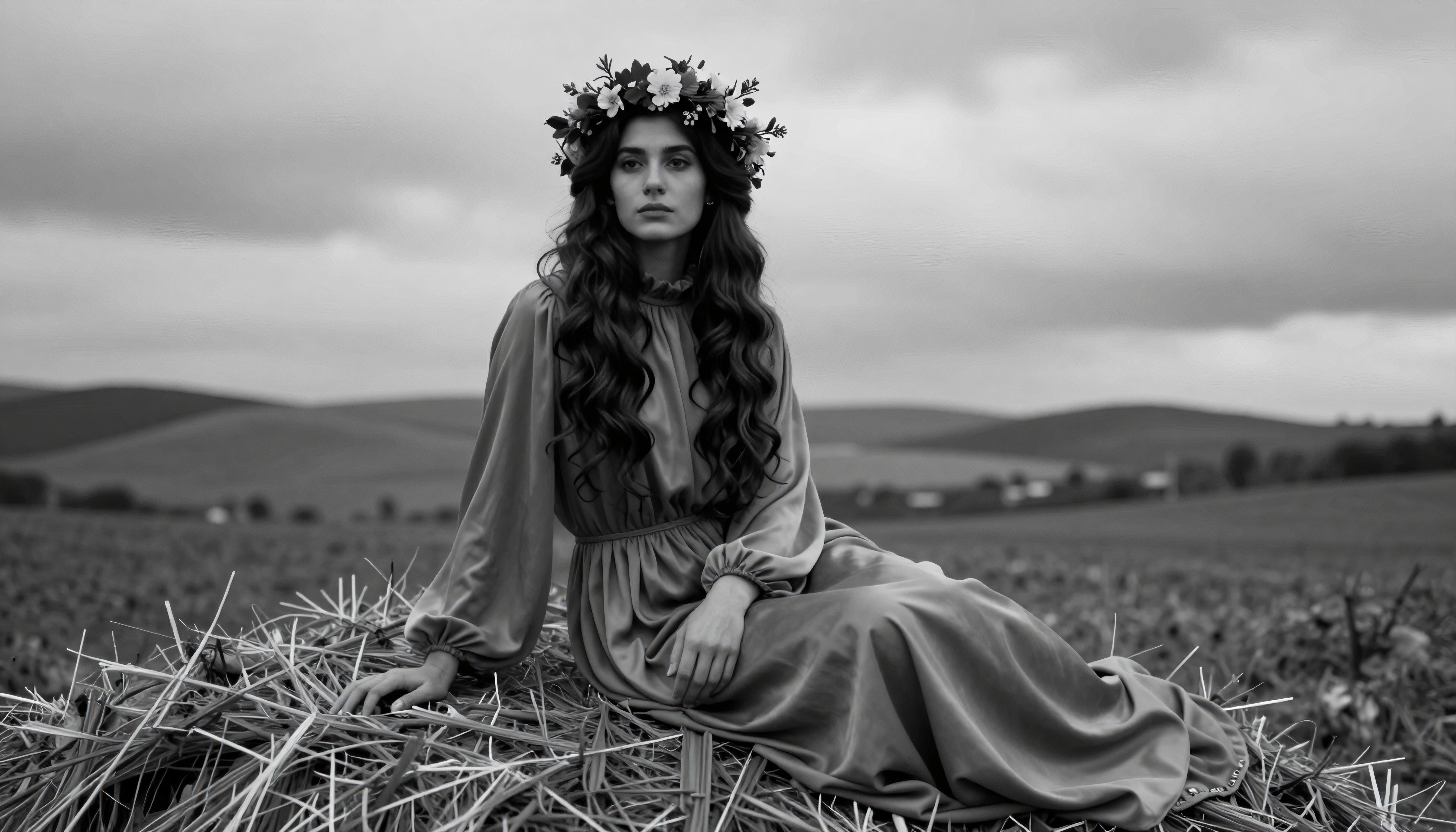 A woman with floral crown sits gracefully on hay in a monochrome rural landscape with rolling hills.