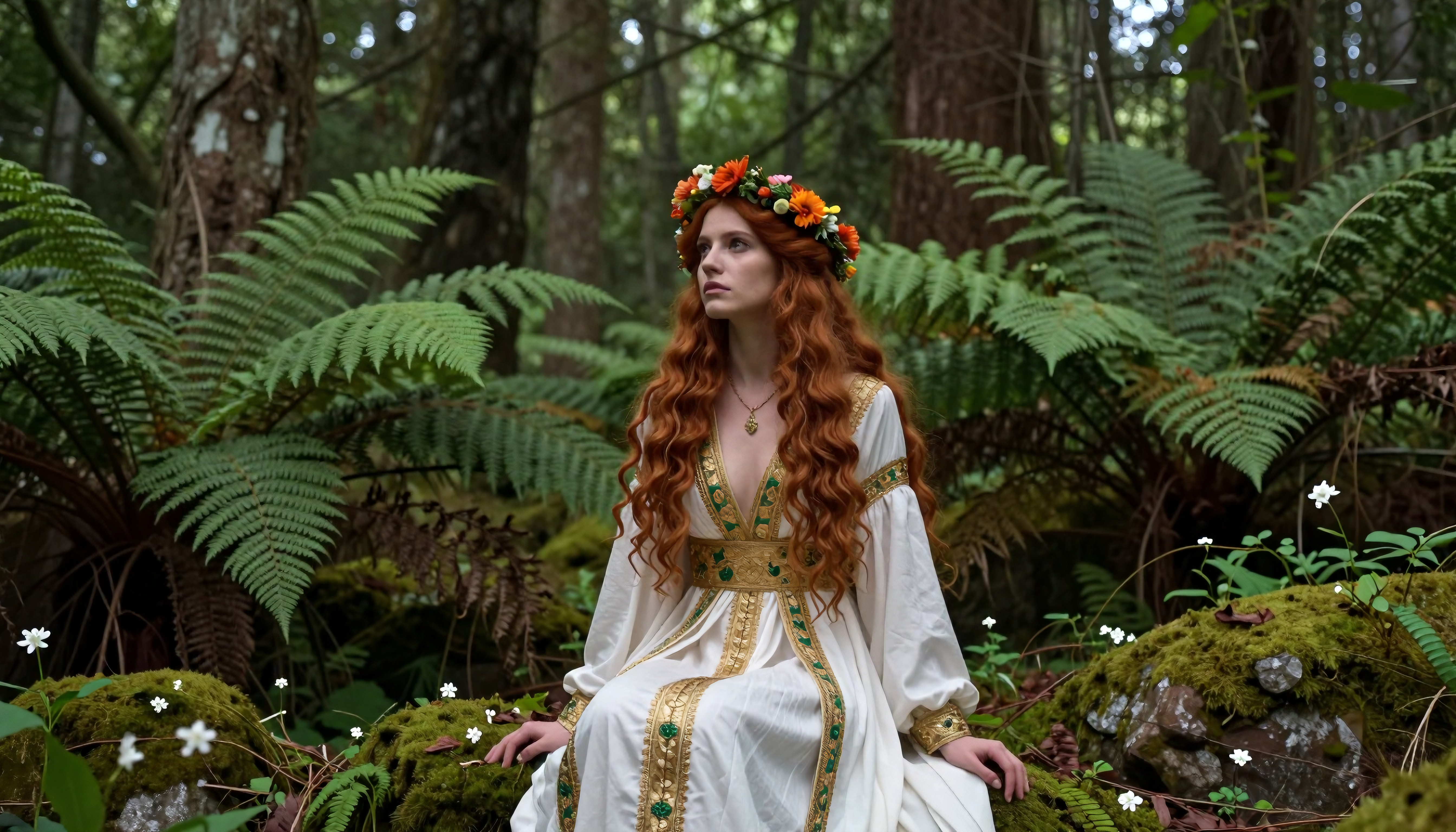 Fairytale woodland portrait of a woman with red hair, dressed in