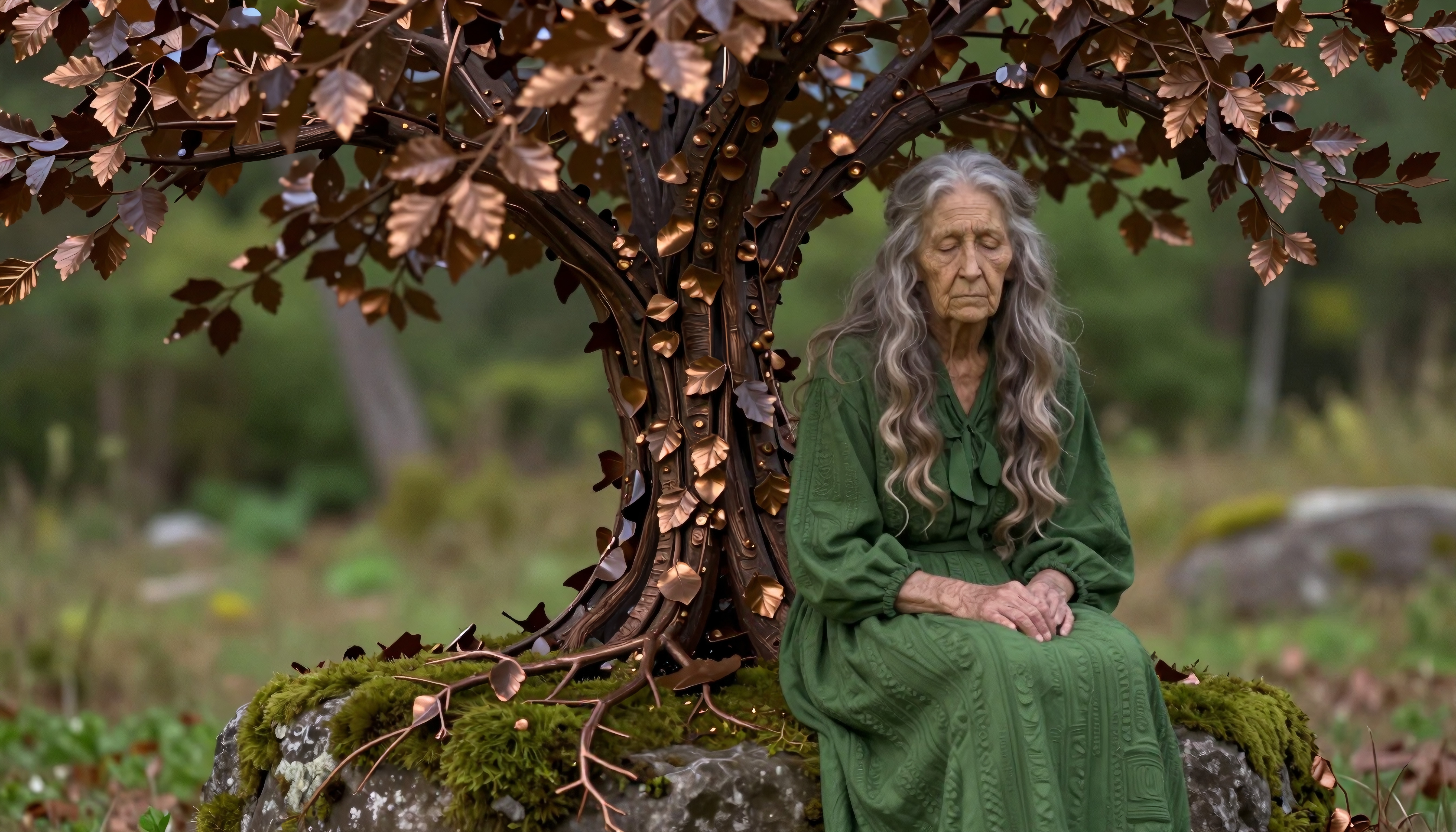 Elderly woman in green dress sits calmly under a metallic tree in a serene woodland setting.