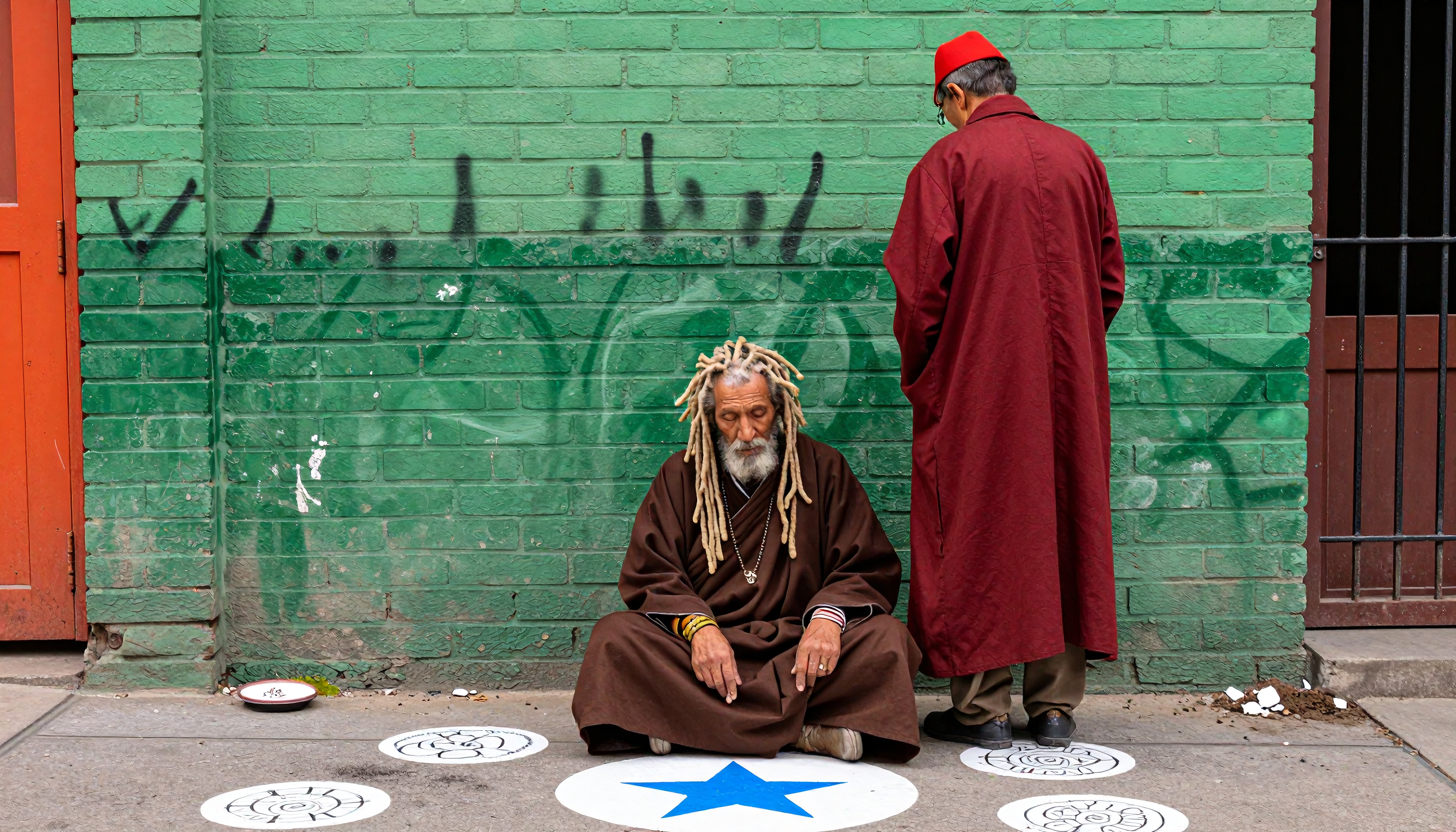 Two men meditating by a graffiti-covered green wall in an urban setting.