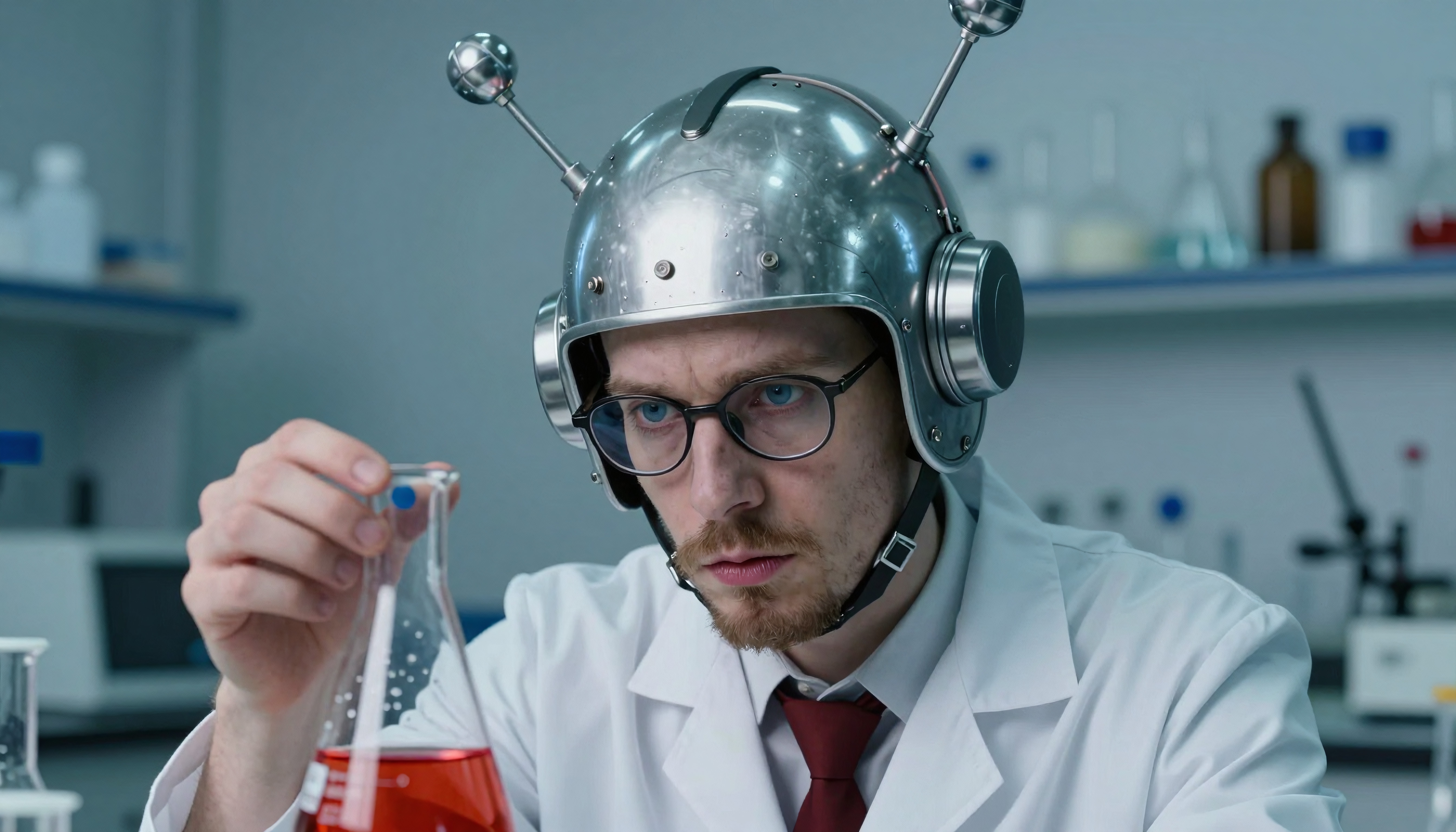 A scientist in a lab coat, wearing an antenna-equipped helmet, examines red liquid in a beaker.