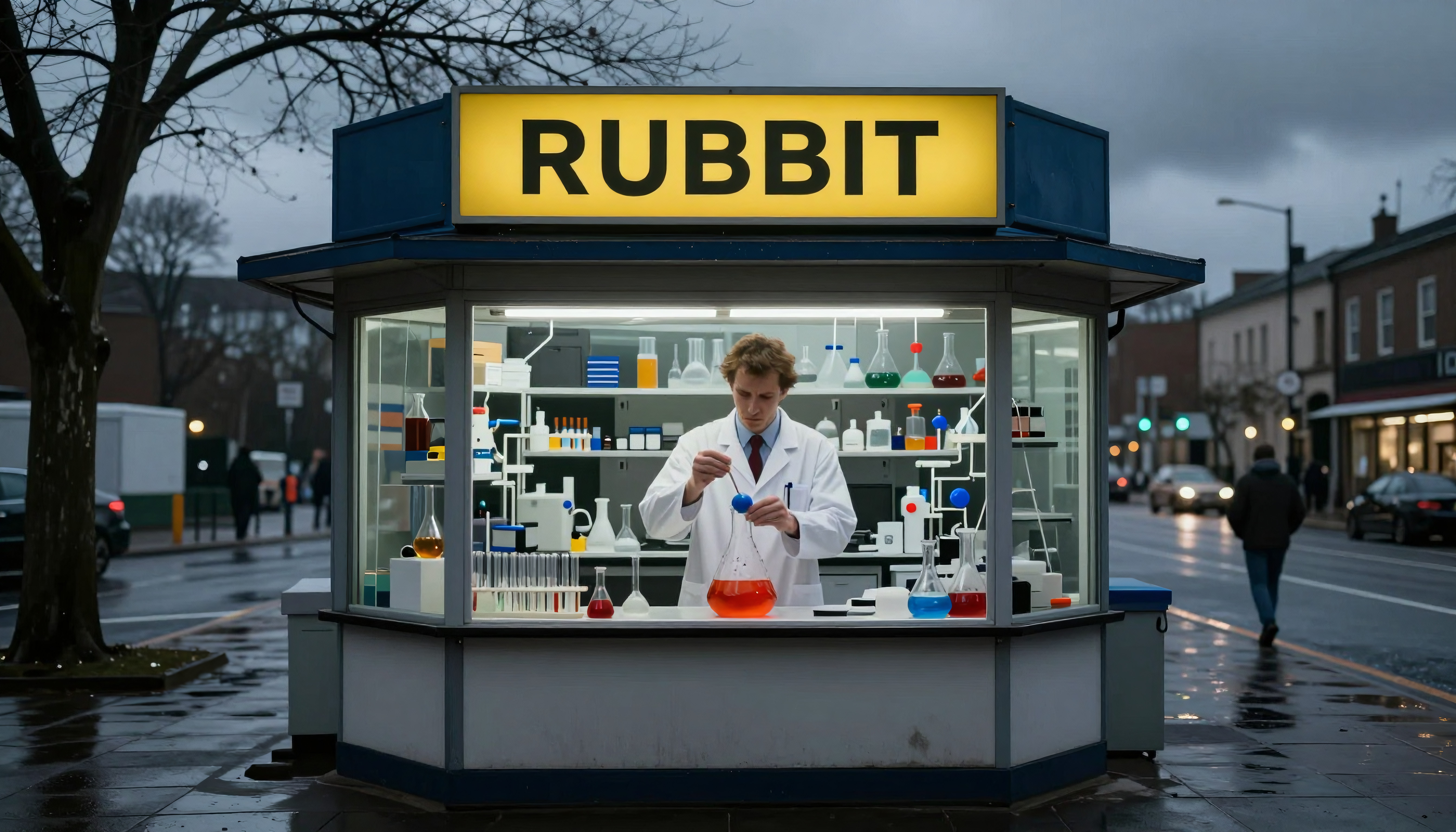 Scientist mixes glowing potions in quirky RUBBIT roadside lab booth amid rainy urban setting