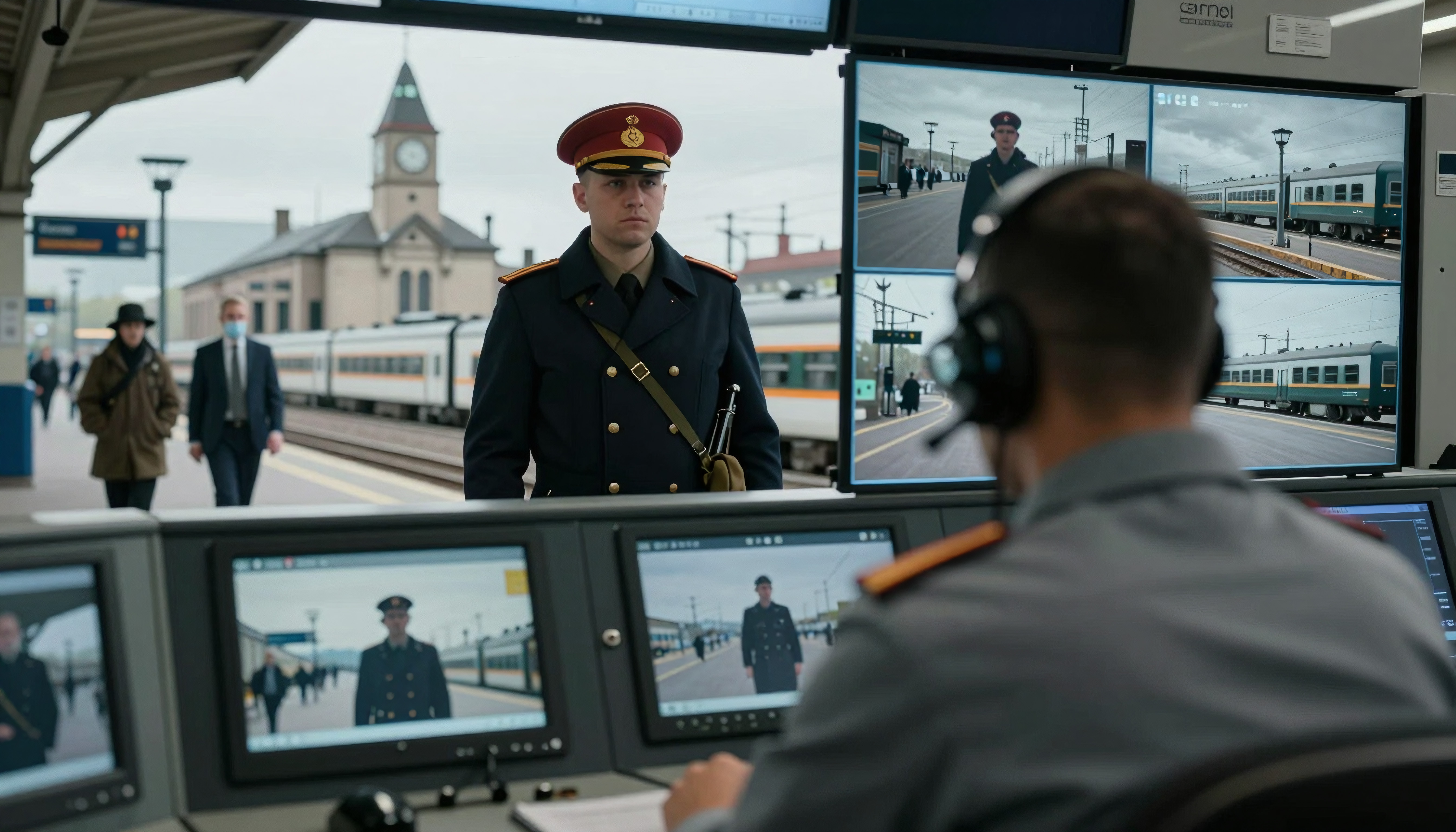 Train station security officer monitoring CCTV cameras