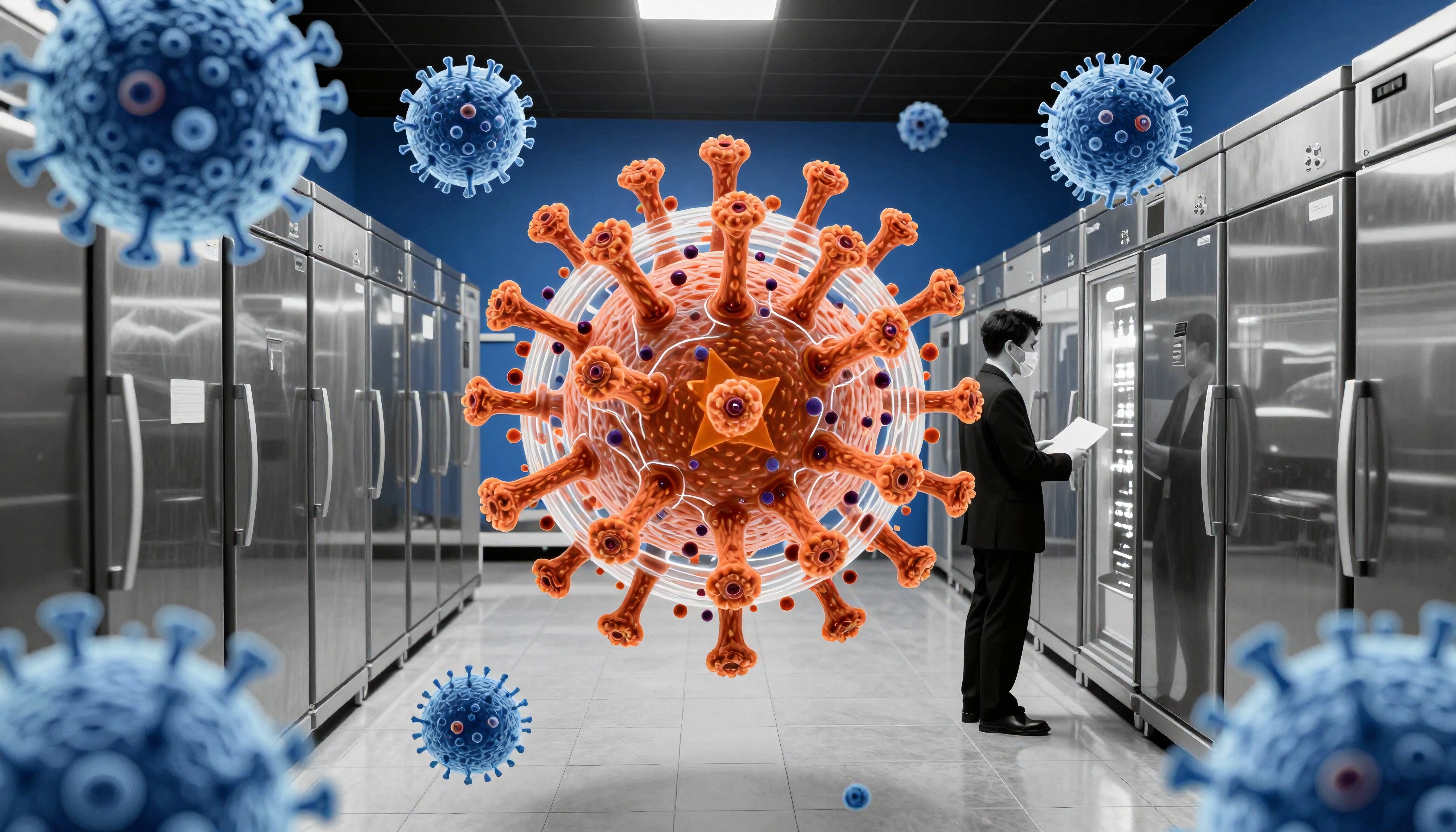 Illustration of a scientist in a modern lab analyzing viral particles, highlighting technological advancement in disease research.
