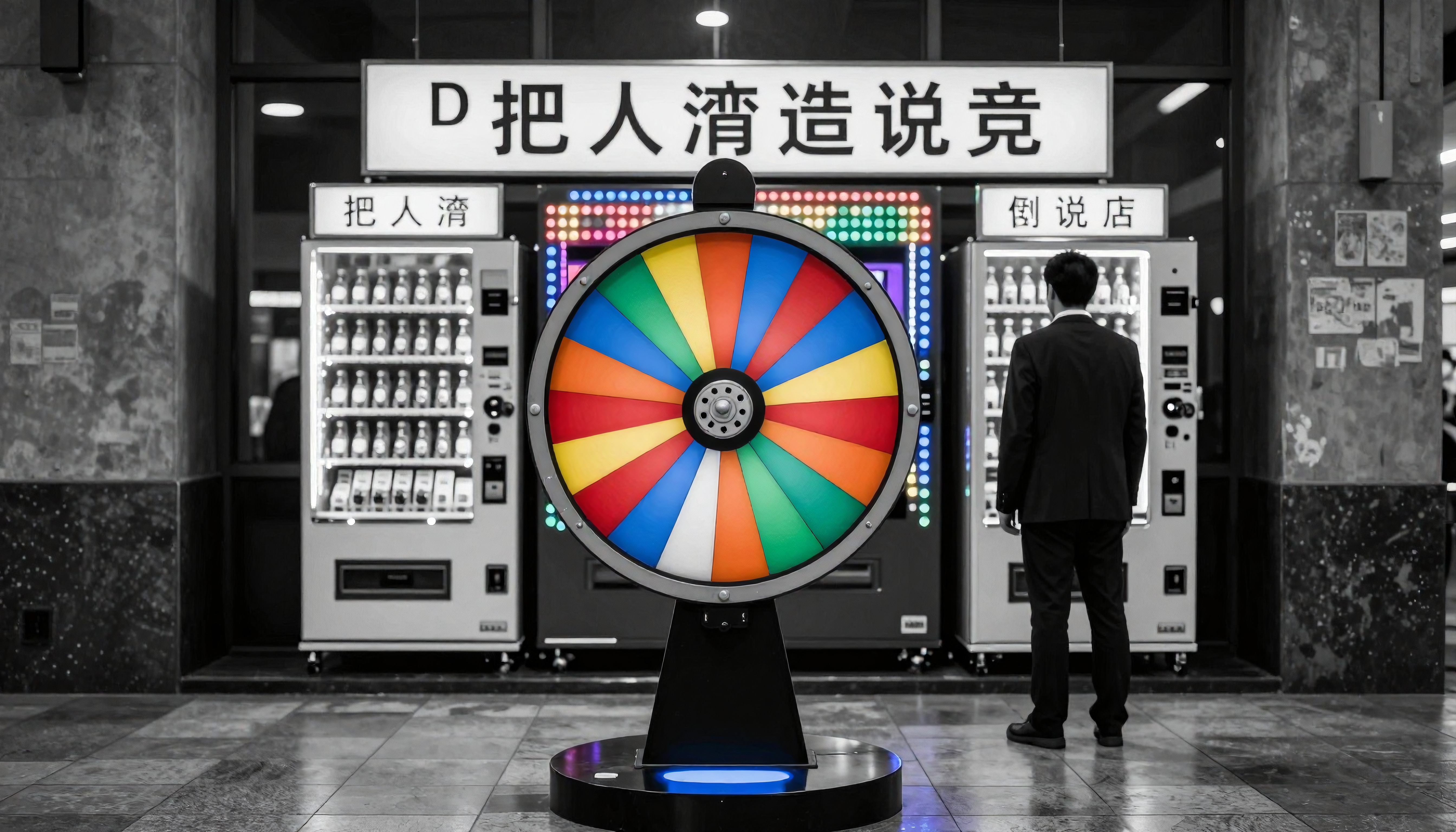 Man standing before colorful spin wheel in monochromatic futuristic arcade