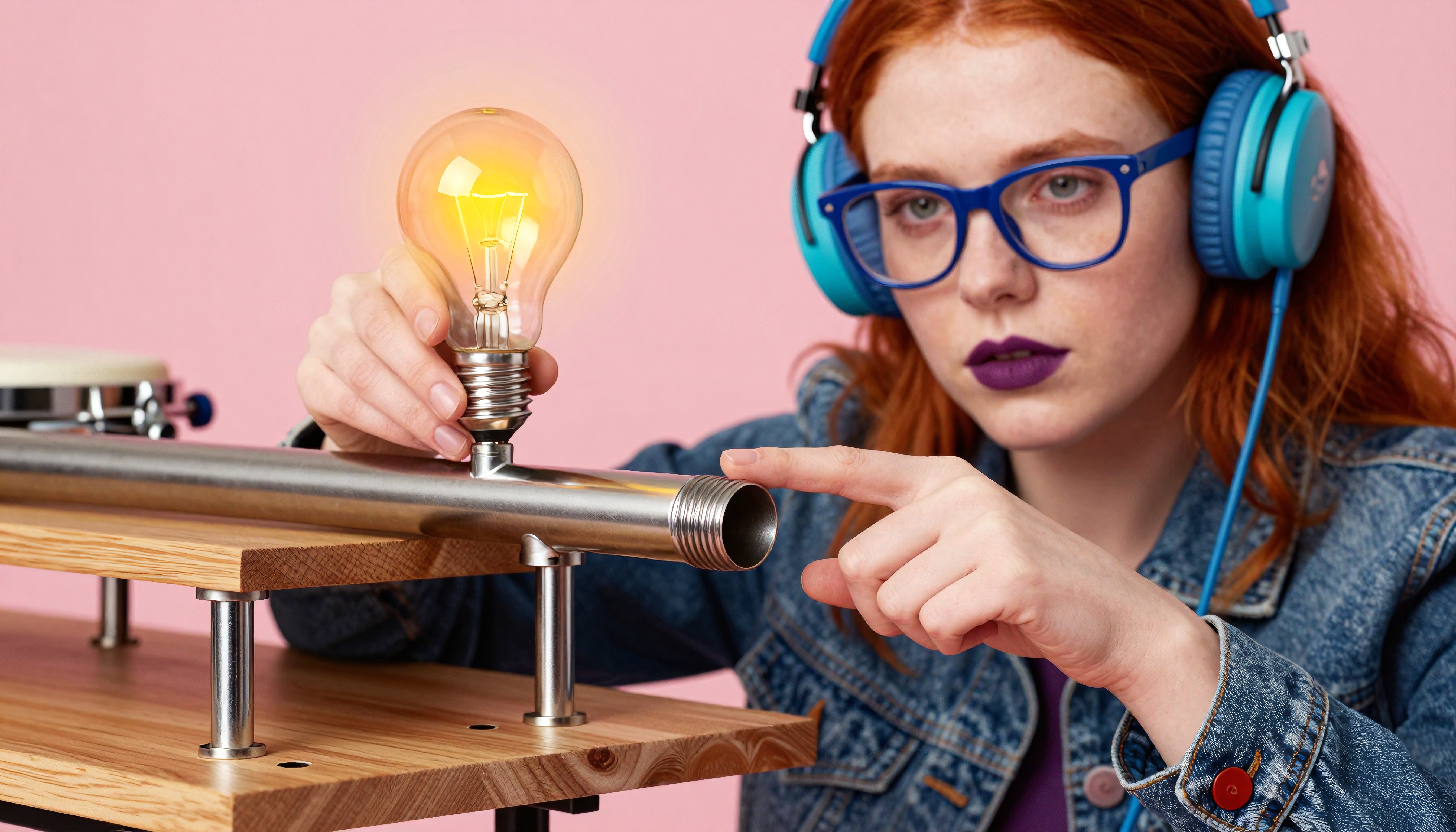 A young woman examines a glowing lightbulb attached to a metal pipe, wearing blue headphones with a focused expression.