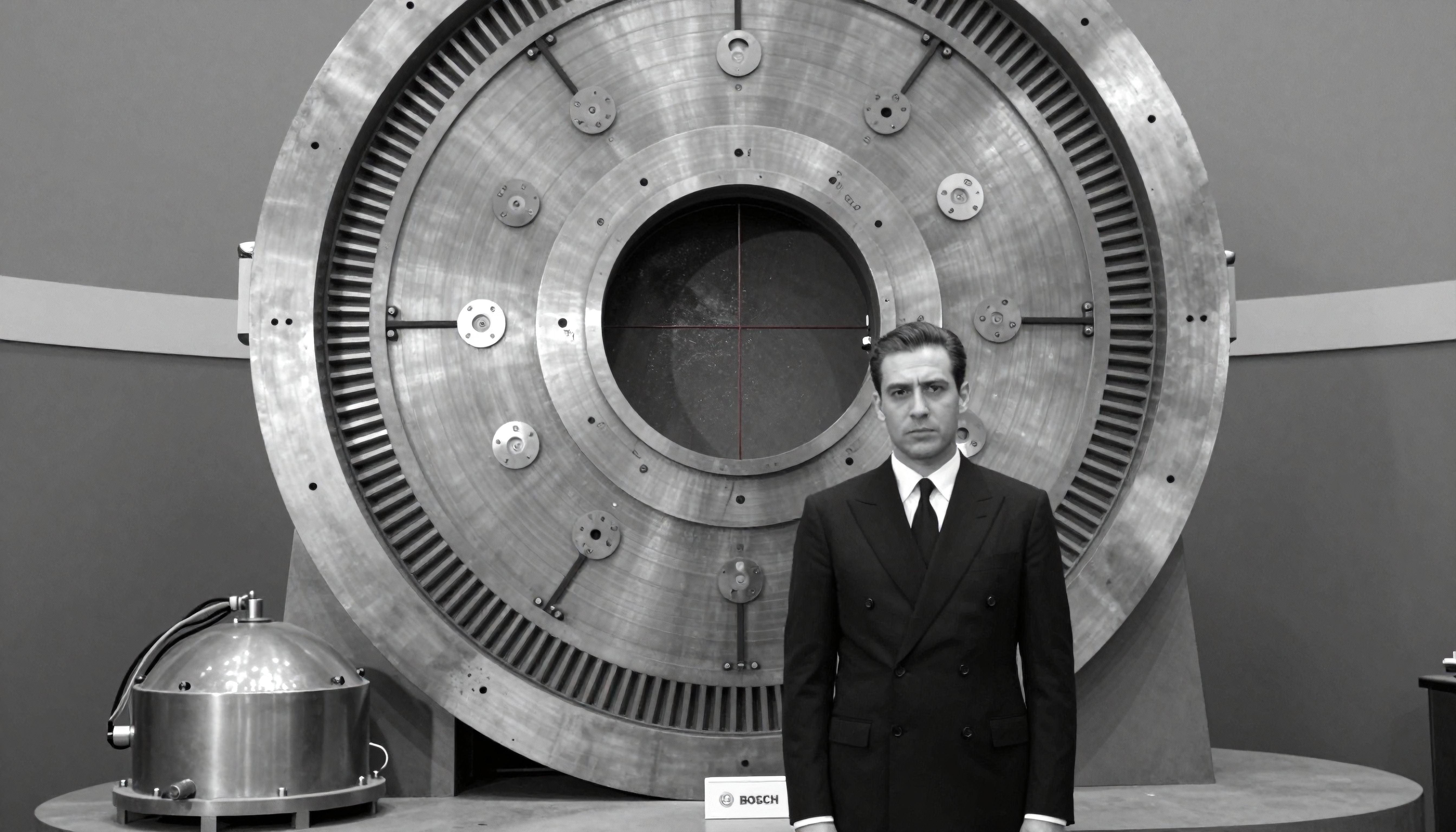 A man in a suit stands in front of a large, circular industrial machine, showcasing engineering precision and expertise.