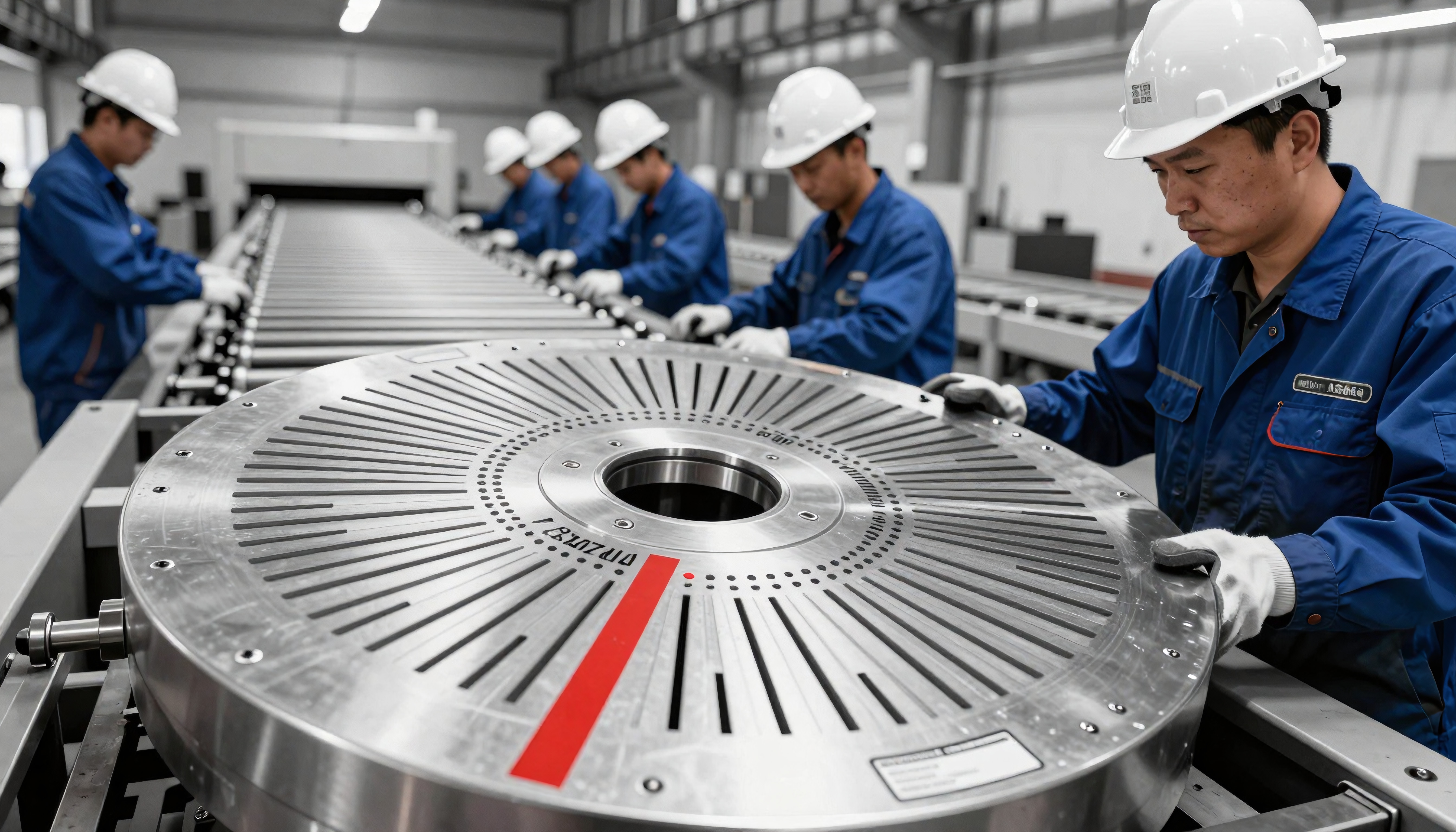 Workers inspecting a metallic component in a high-tech factory.