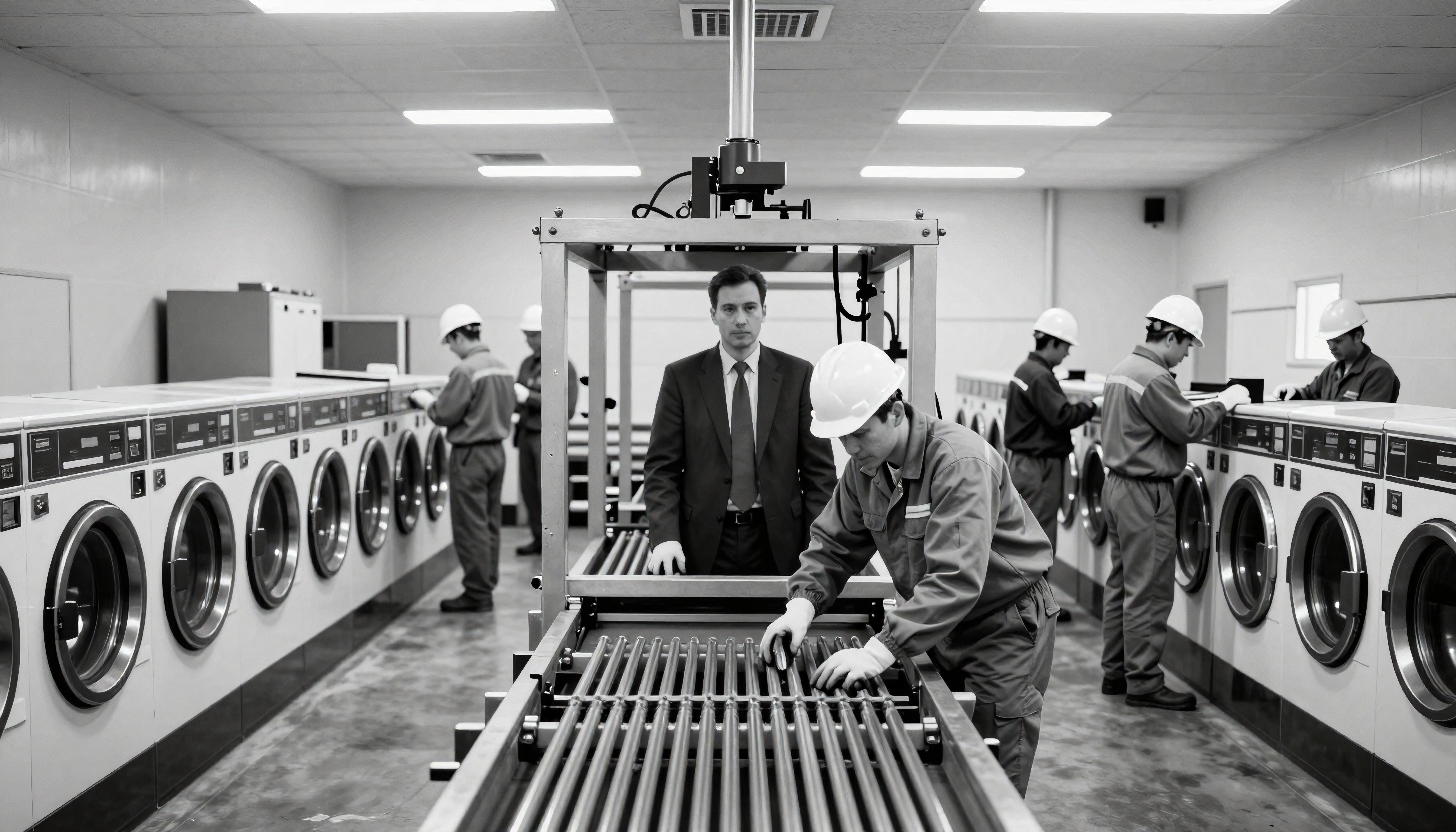 Factory laundry room workers inspecting industrial washing machines