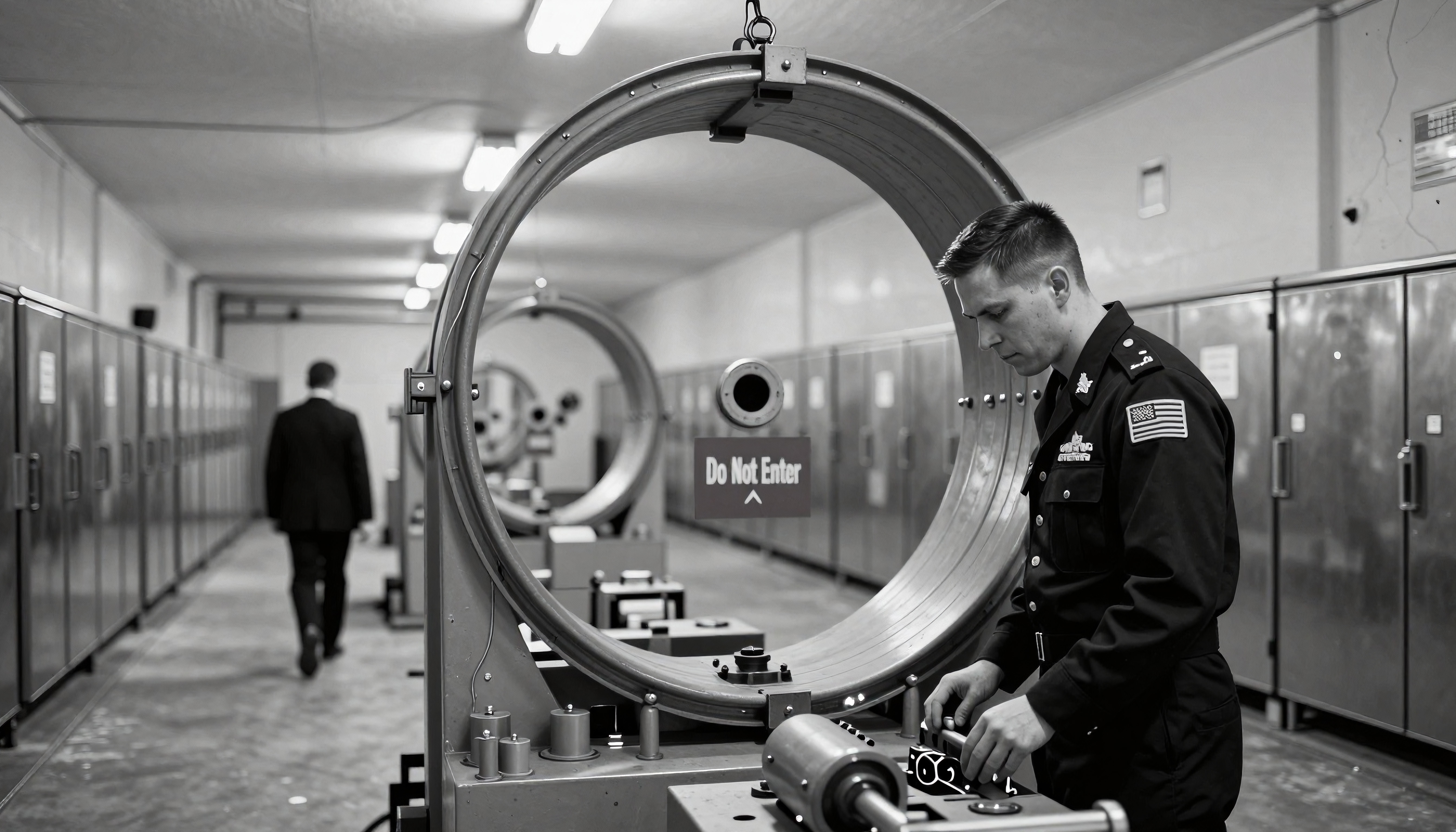 A uniformed officer working near industrial machinery in a dimly lit facility hallway.