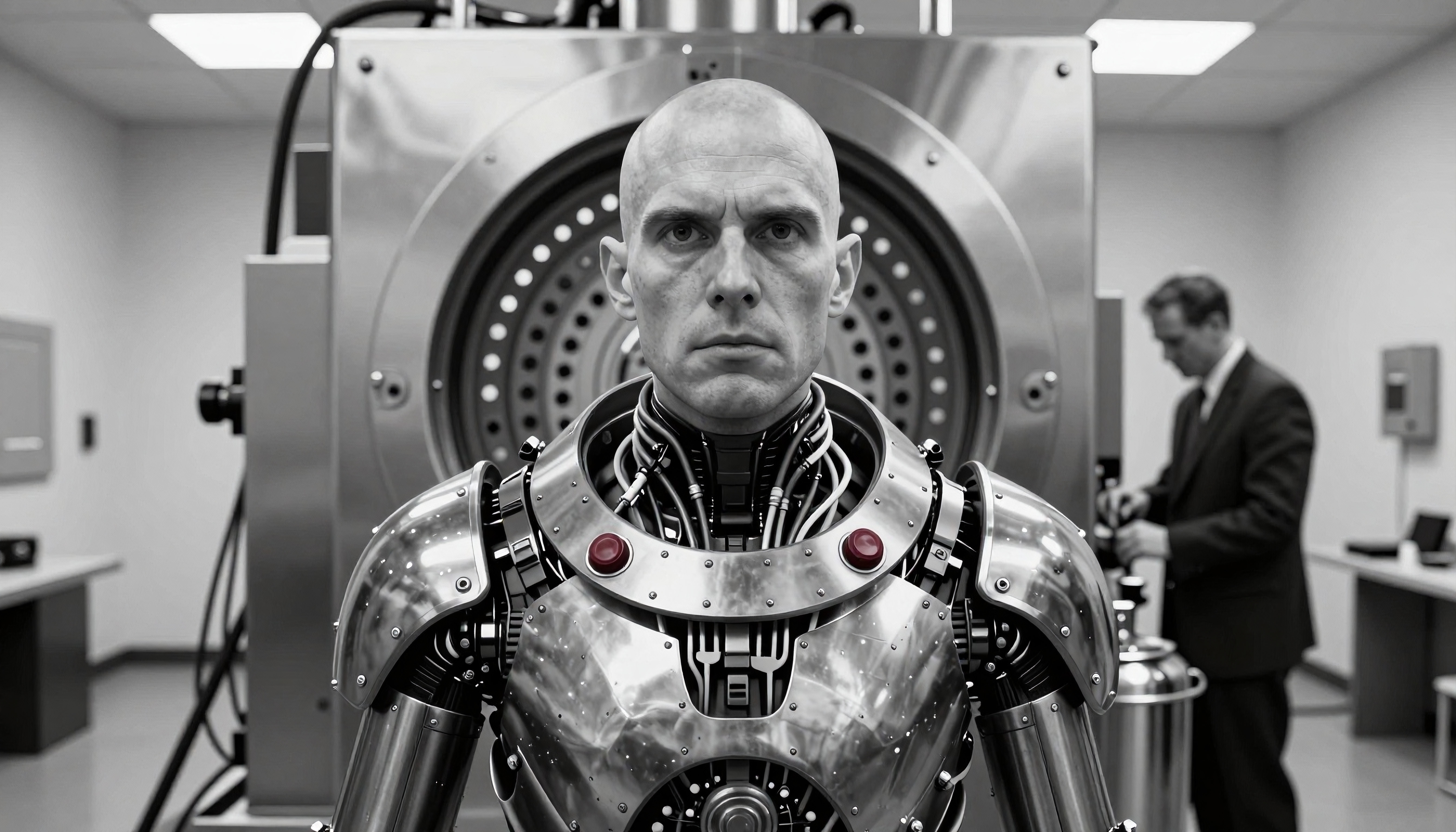 A humanoid robot in a futuristic lab.