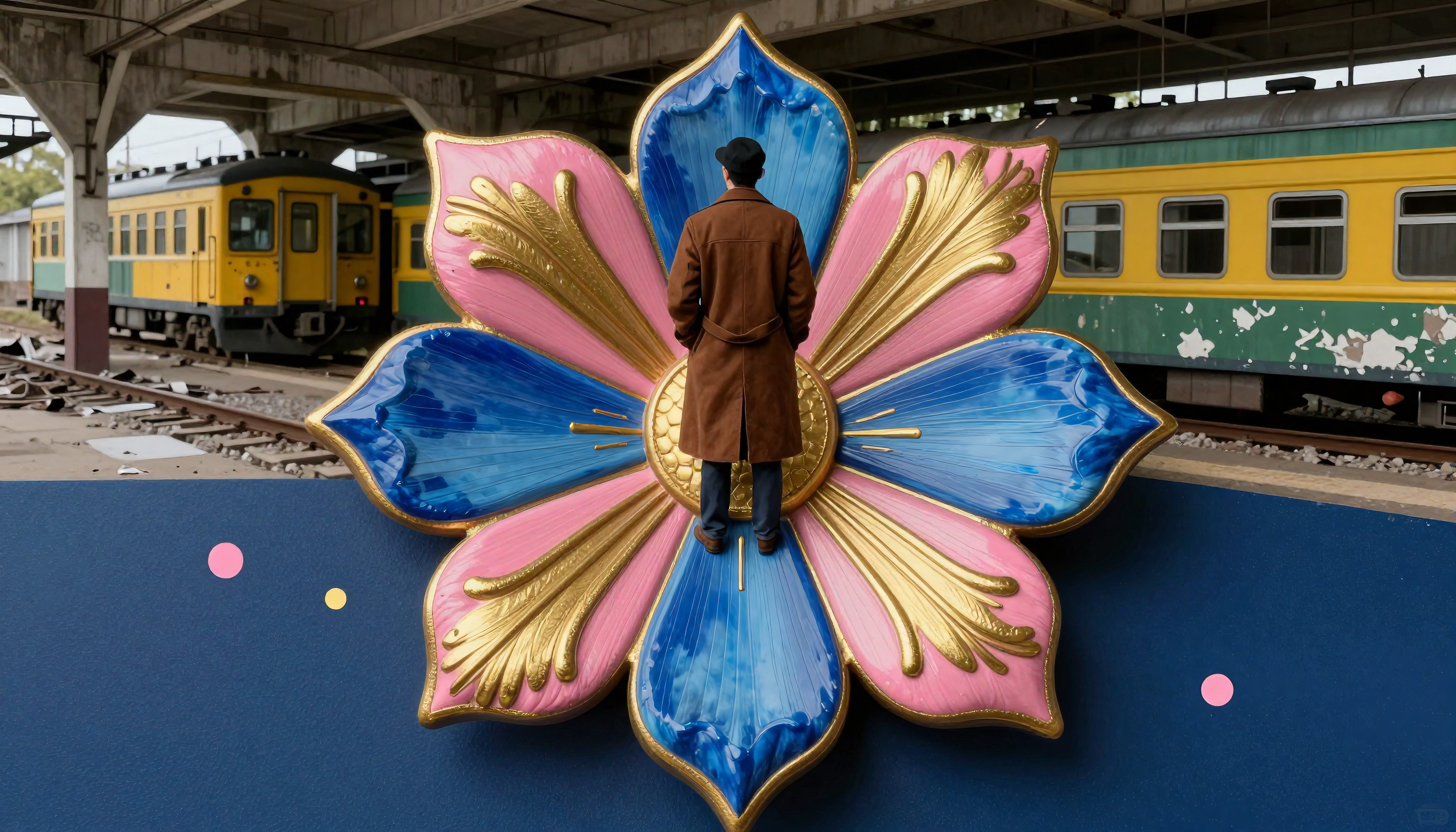 Man standing on colorful floral sculpture near abandoned trains at railway station