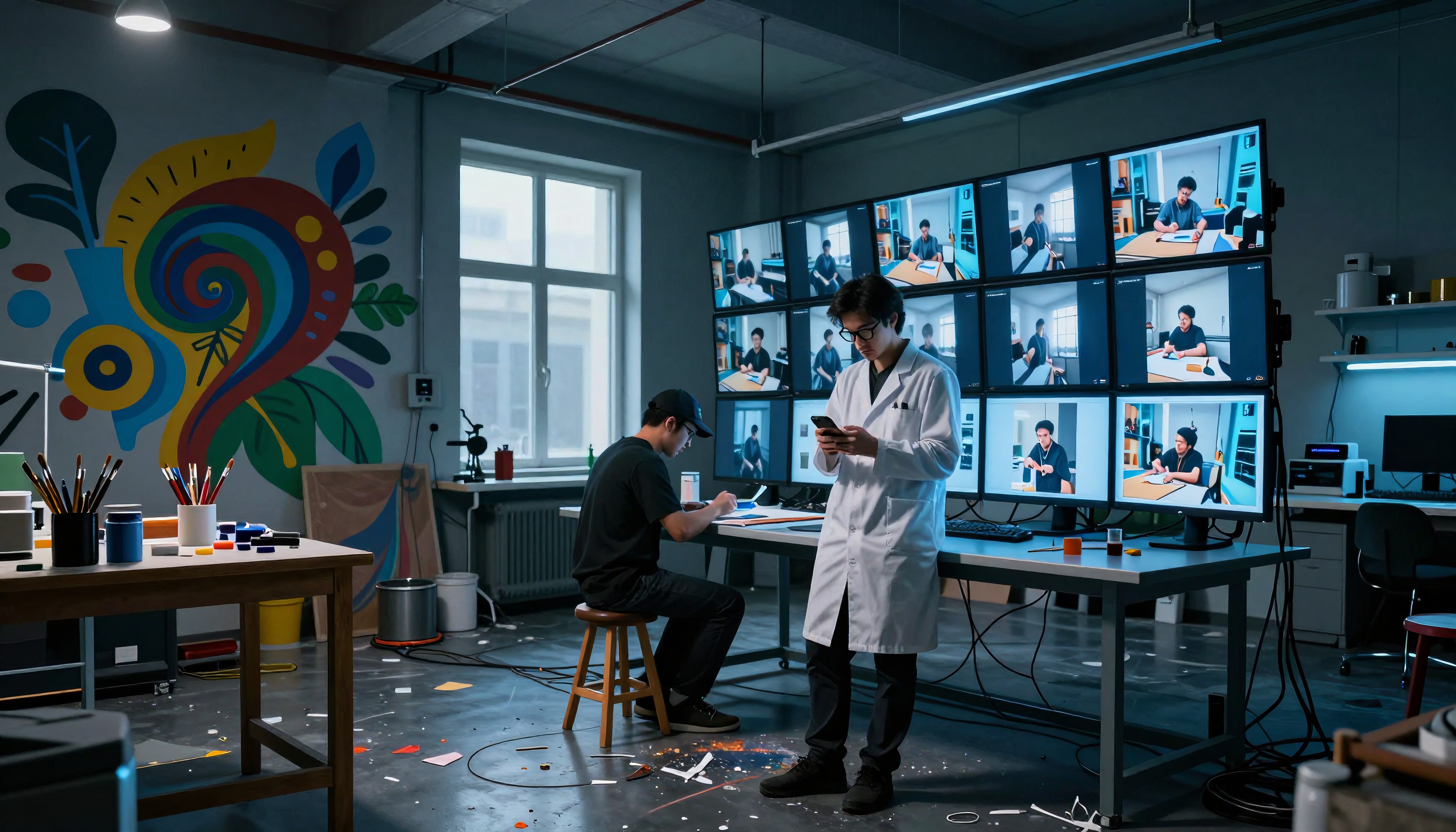 A creative lab space with monitors and colorful mural.