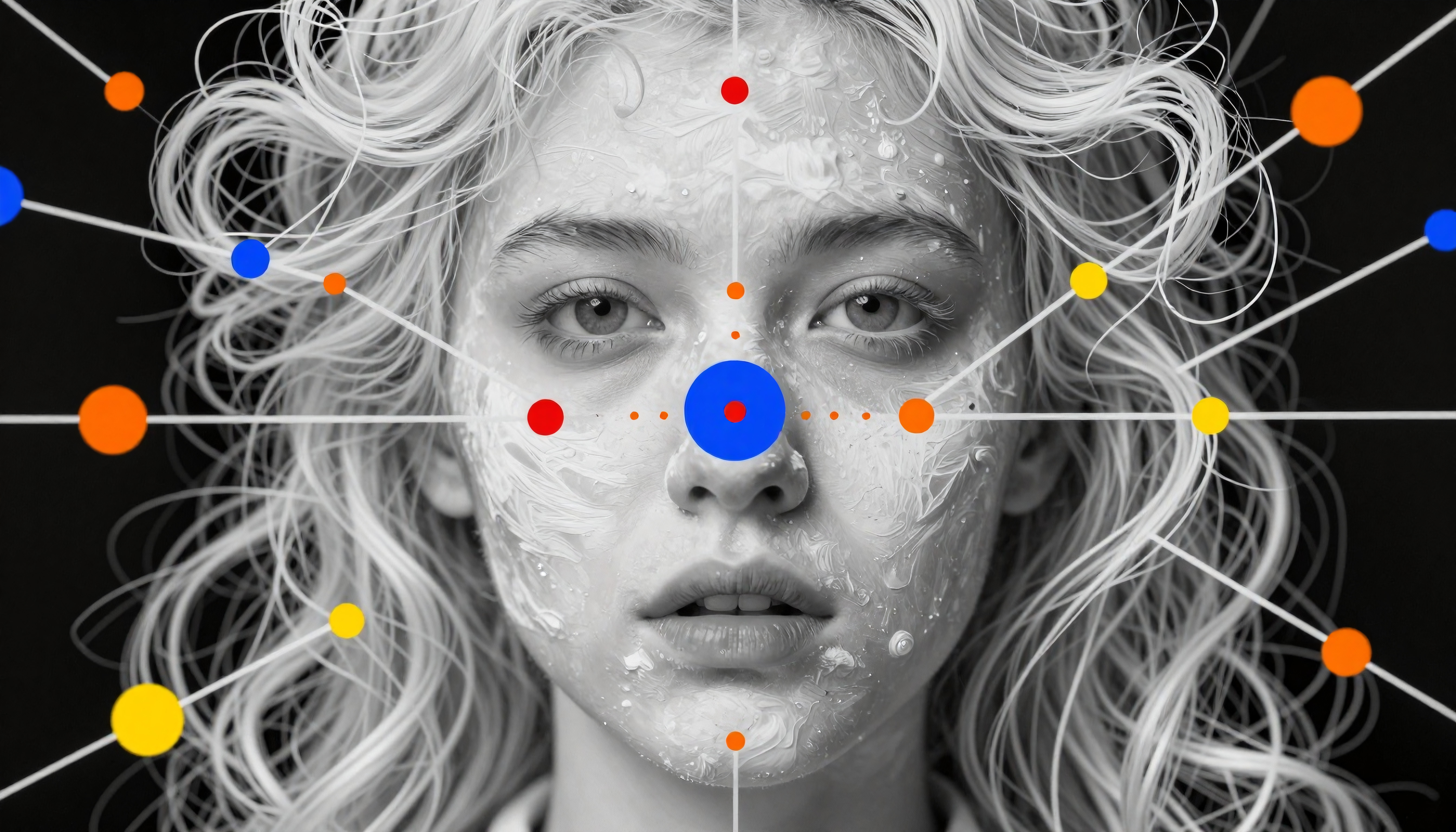Futuristic girl face with colorful geometric constellation overlay