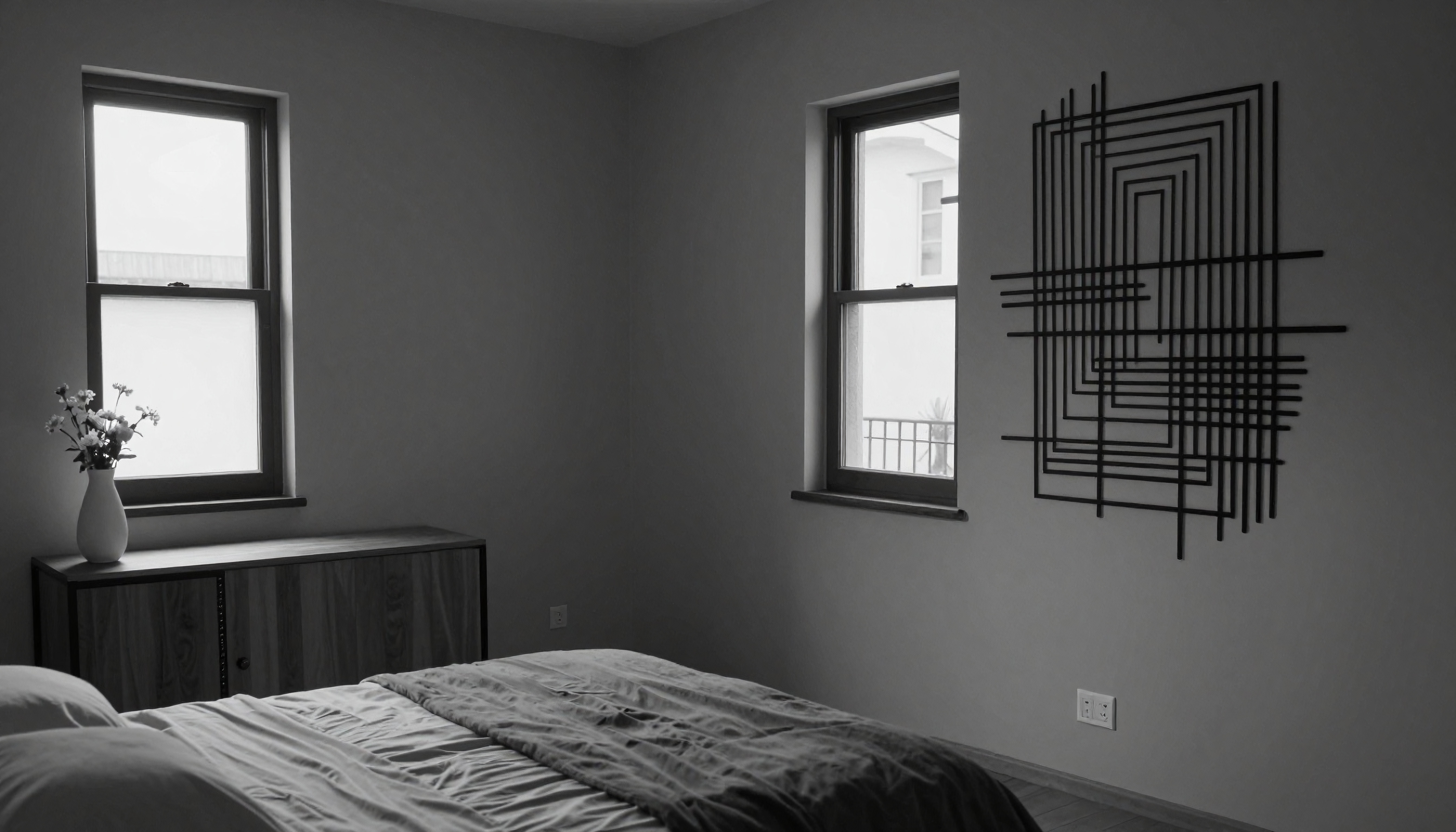 Minimalist Black and White Bedroom with Geometric Wall Art