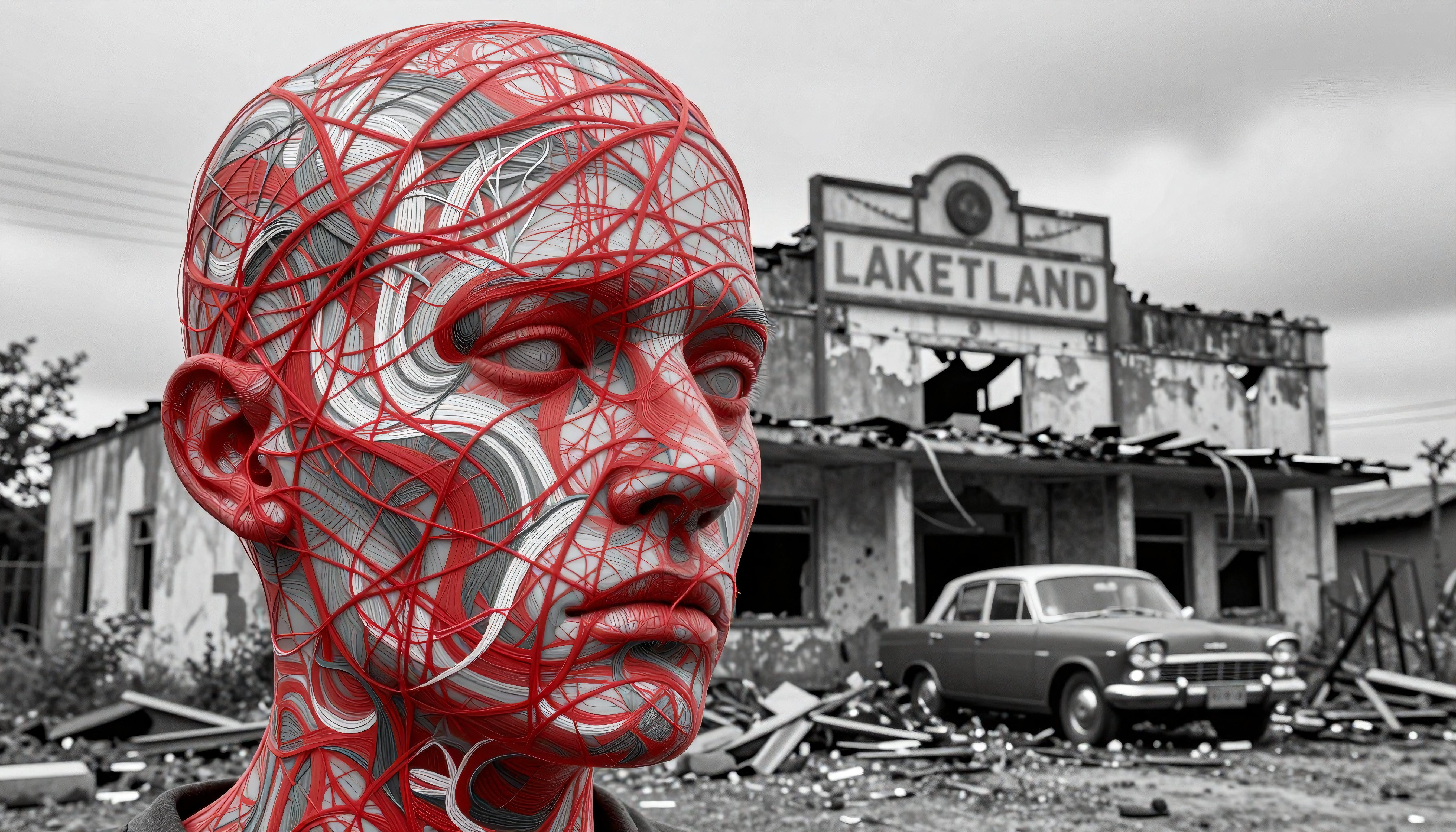 Surreal AI-generated man’s face covered in red wires set against ruined Laketland town backdrop