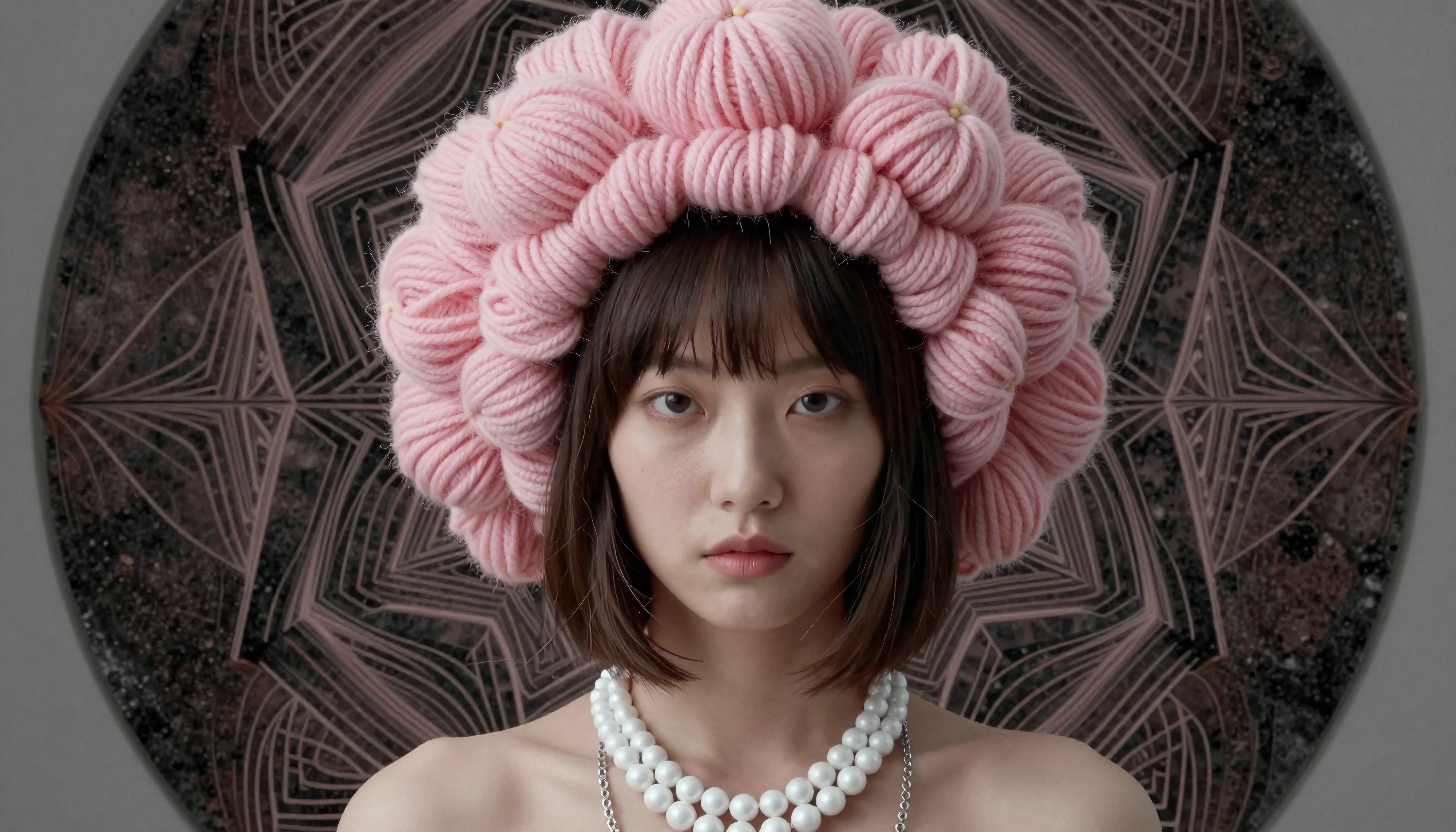 A woman wearing a pink yarn headpiece and bead necklace against an intricate patterned background.