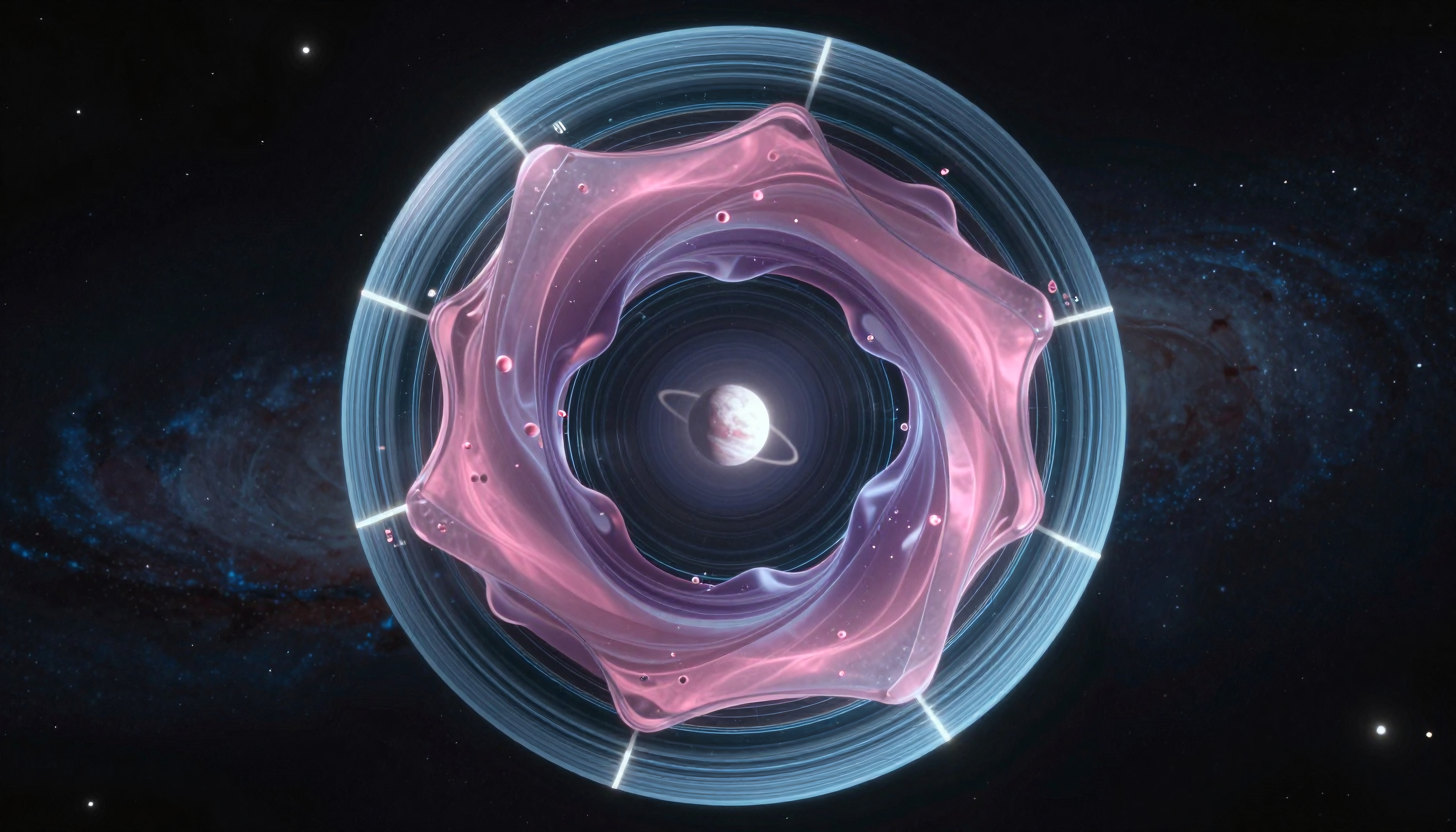 Abstract cosmic scene with a pink, fabric-like nebula surrounding a planet with rings, set against a starry galaxy backdrop.
