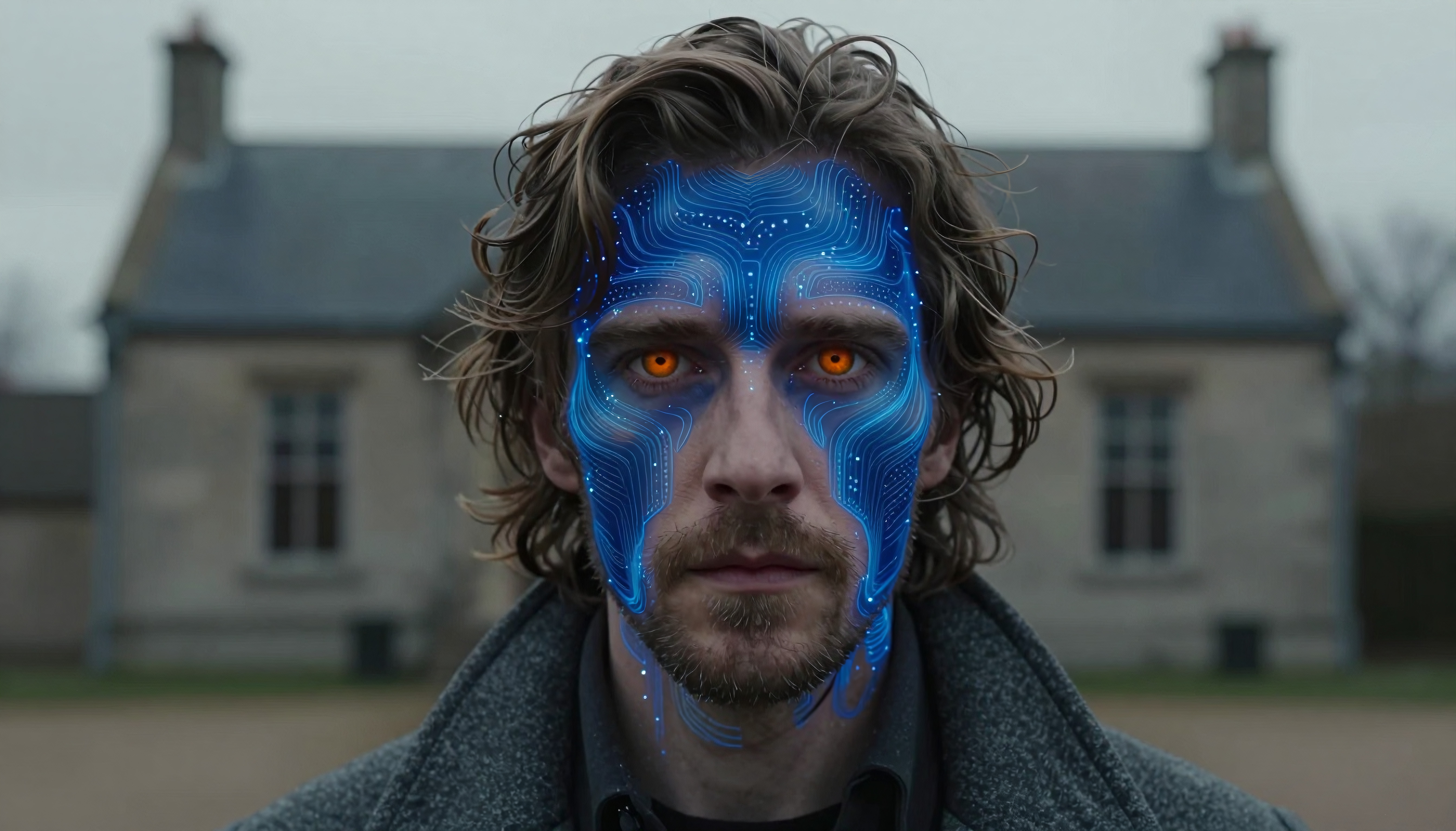 Man with glowing circuits and orange eyes standing outside old house in sci-fi style