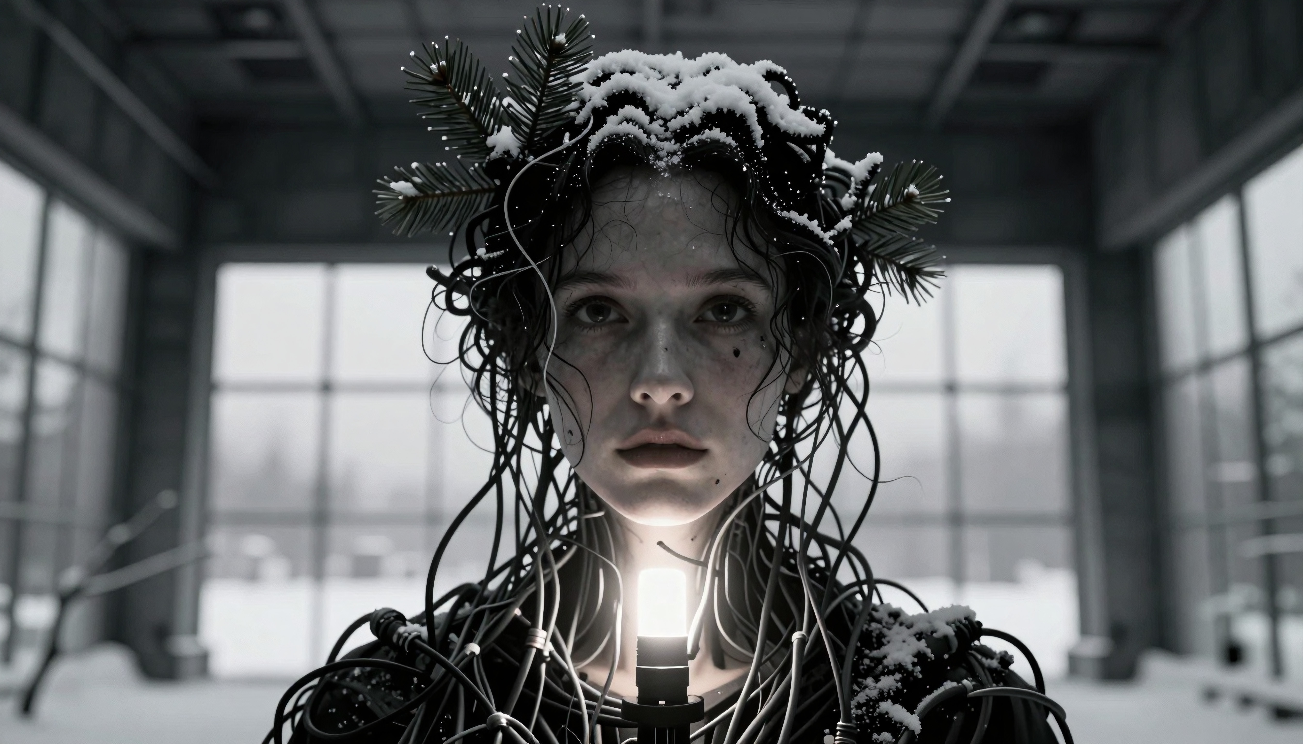 Person with snow-covered branches and cables, illuminated indoors.