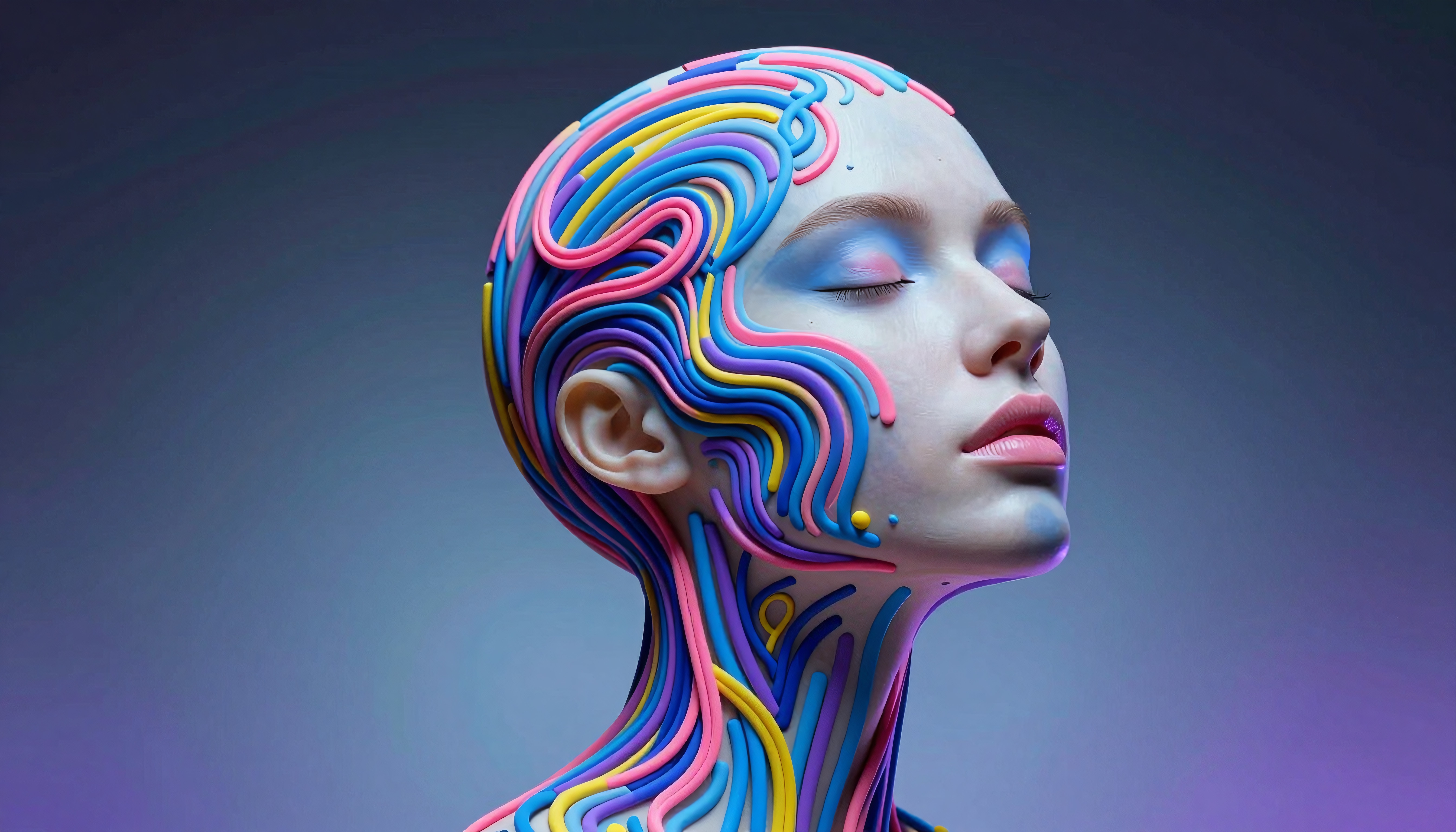 A futuristic portrait of a person with colorful flowing designs against a gradient background.