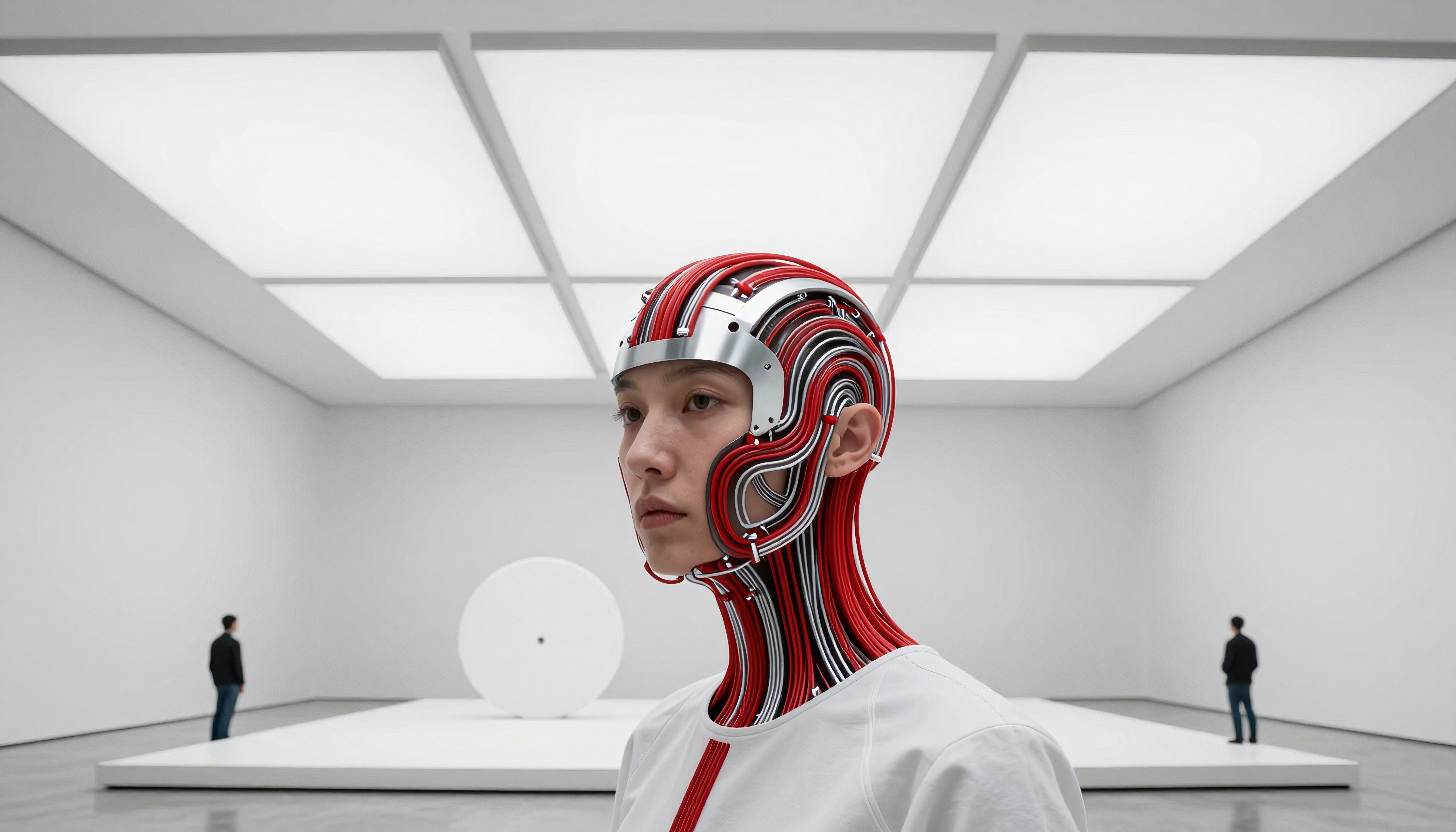 Futuristic headpiece in minimalist gallery space.