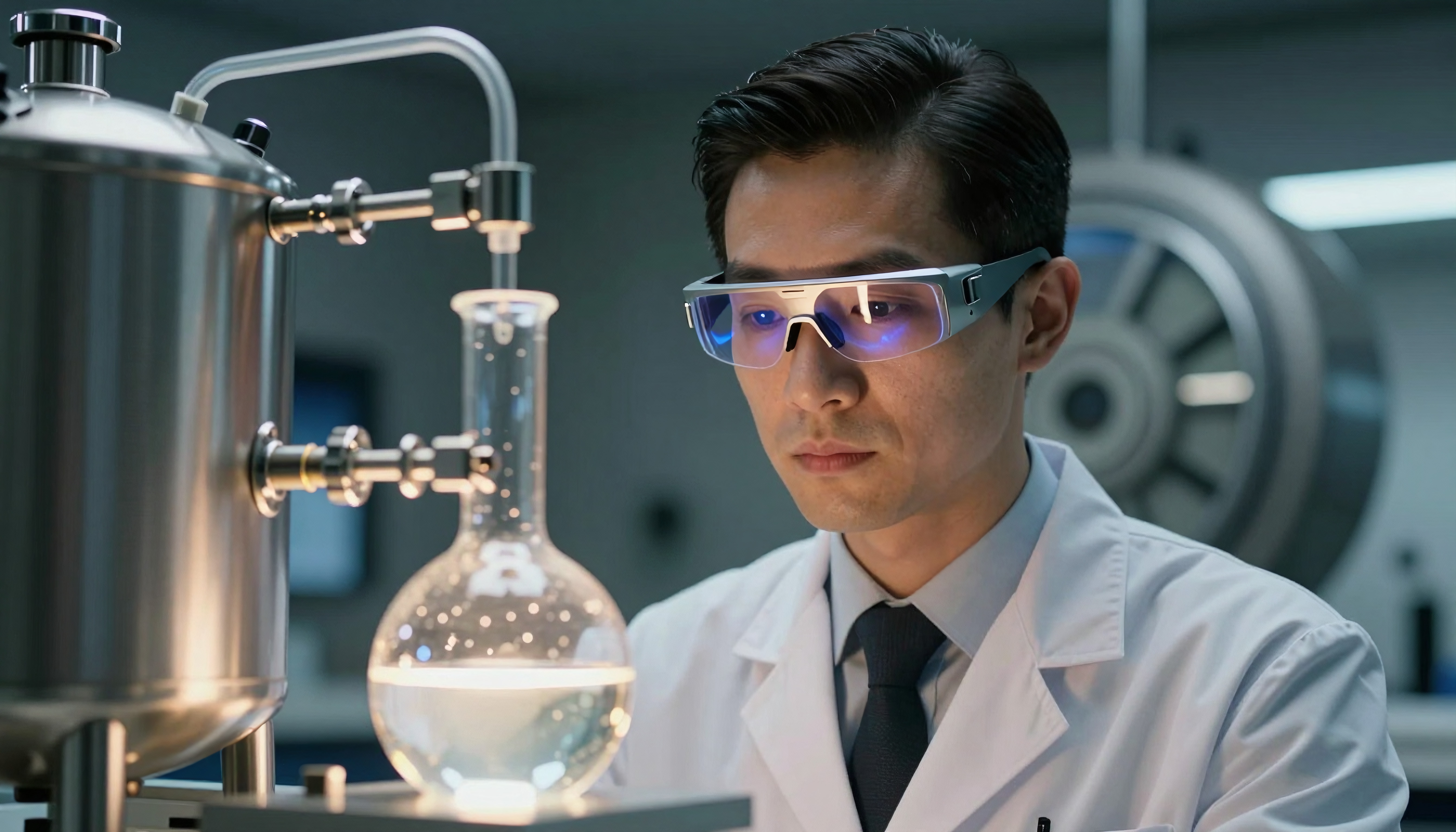 Scientist in lab with glowing glasses conducting research.