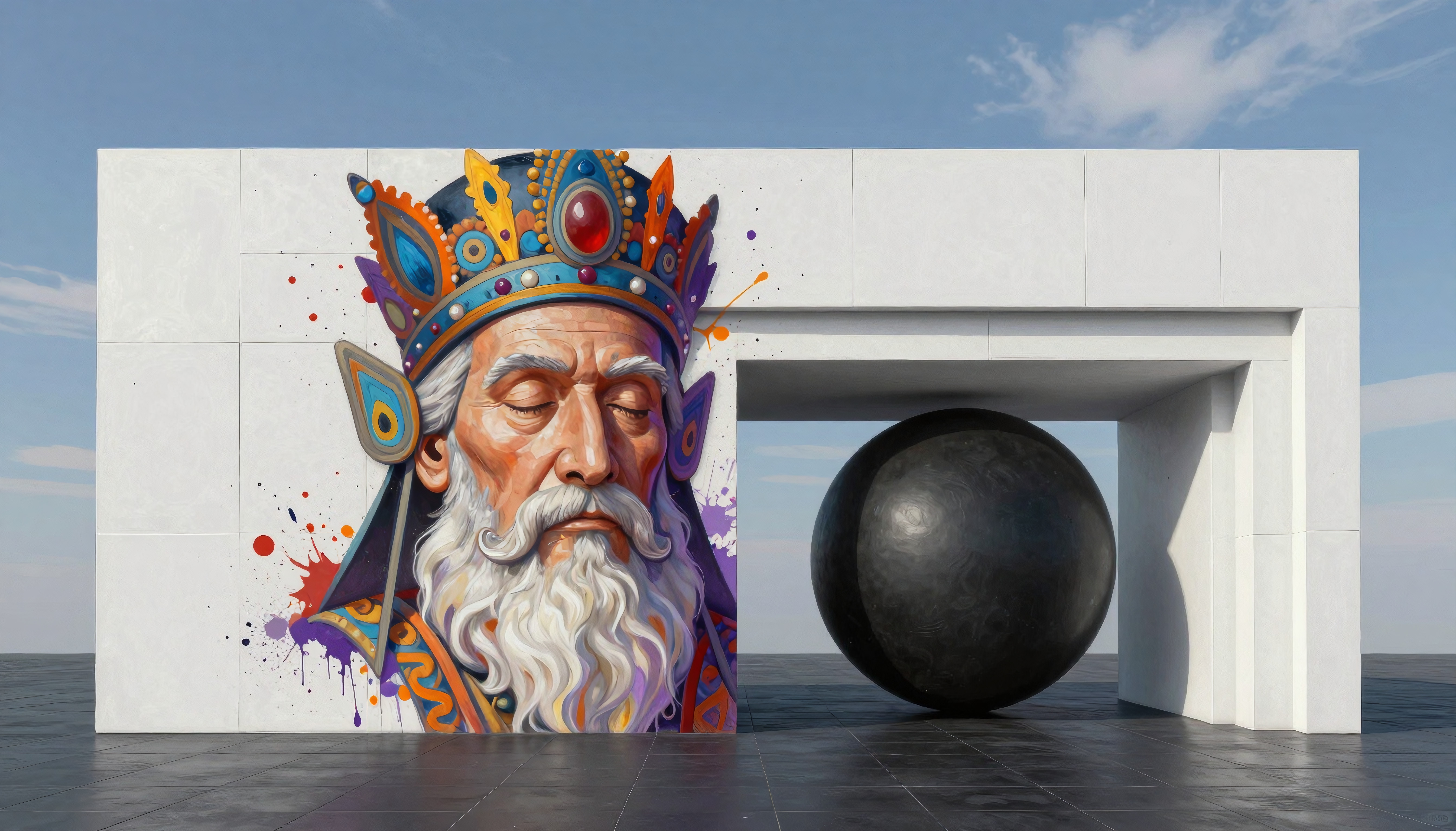 A vibrant mural of a king with a colorful crown, next to a black sphere inside a white geometric structure.