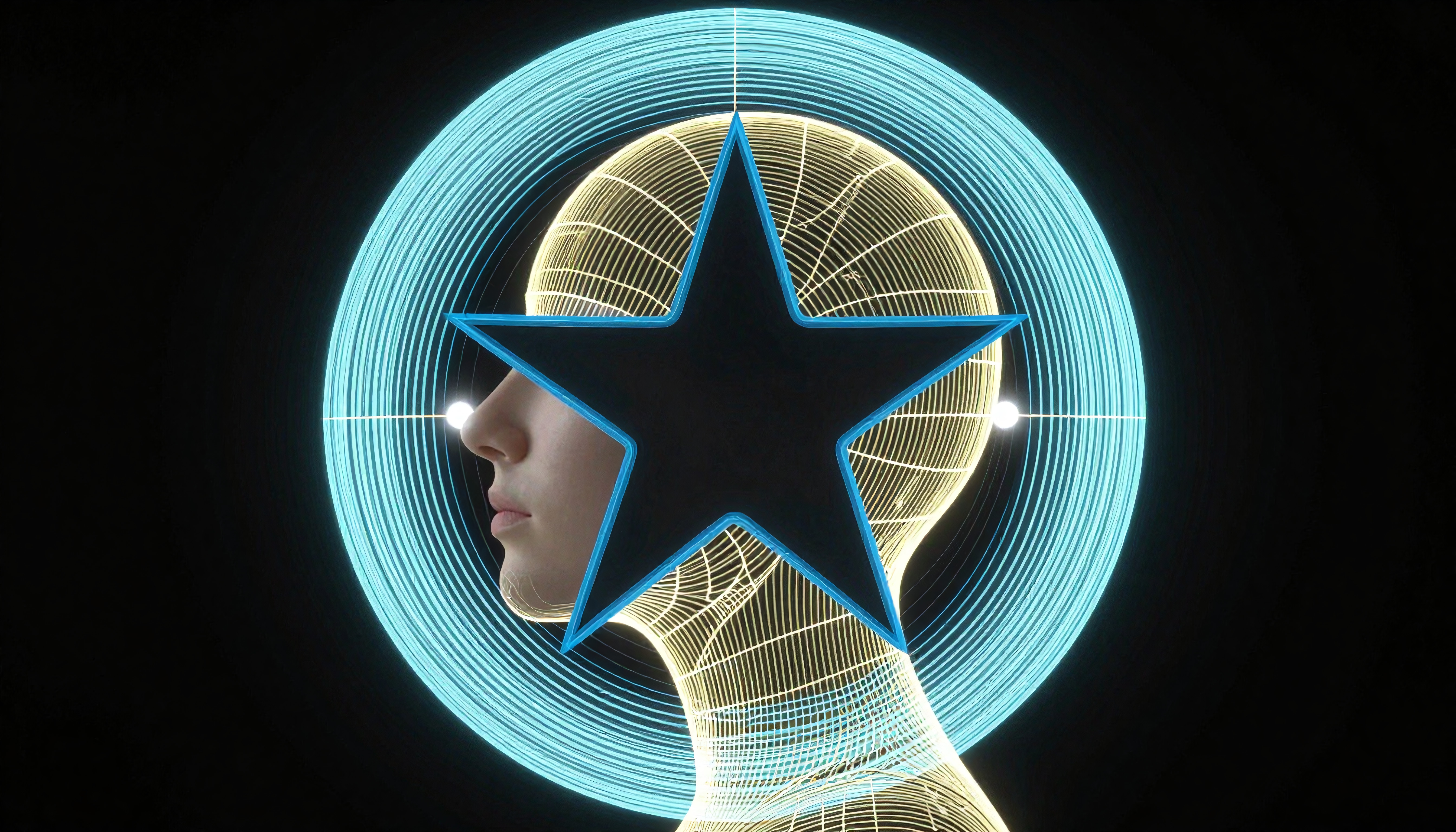 An abstract digital design featuring a profile with a glowing blue halo, wireframe head, and large black star.
