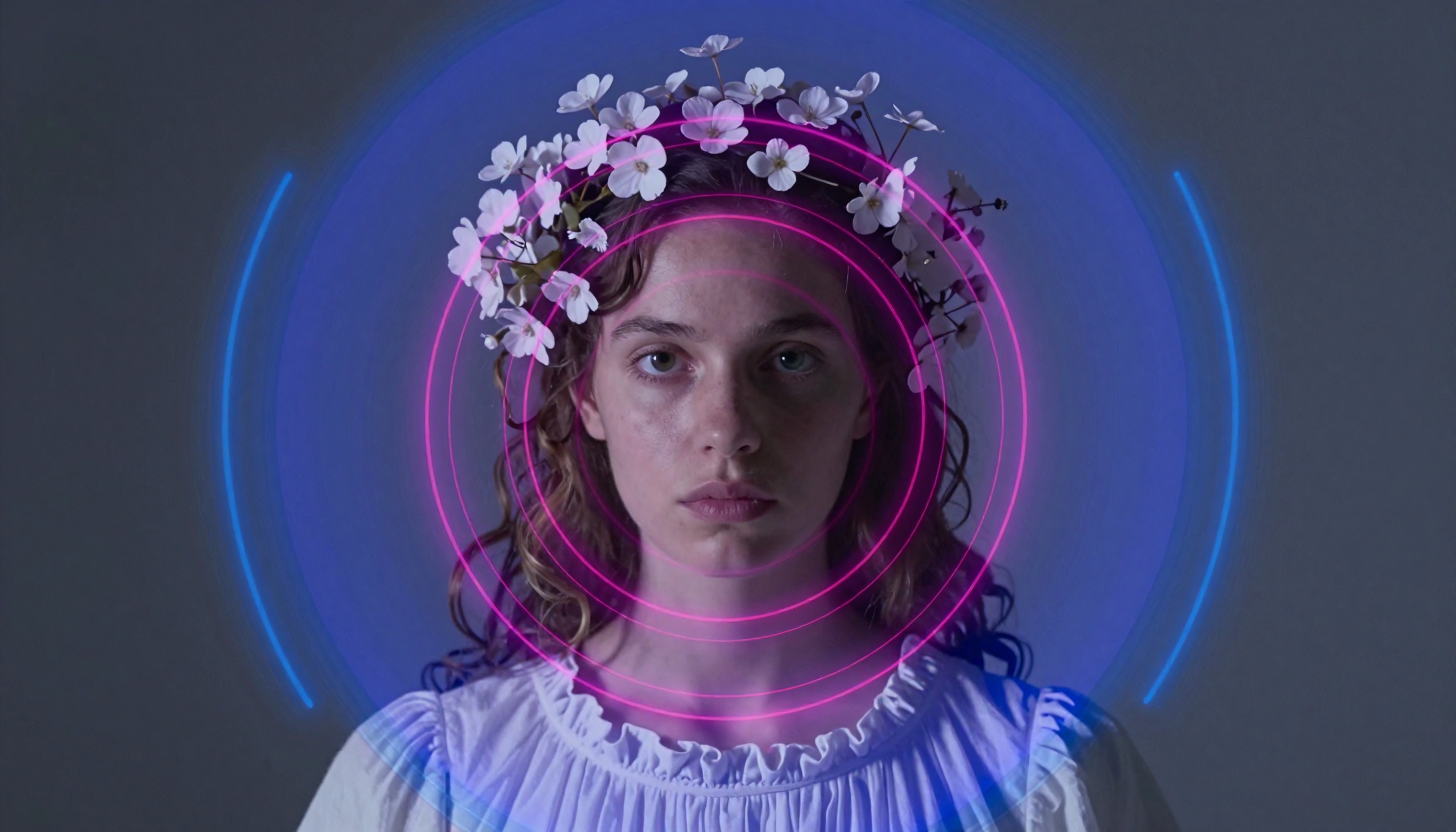 A serene portrait features a young person wearing a floral crown, highlighted by neon concentric circles against a soft gray background.