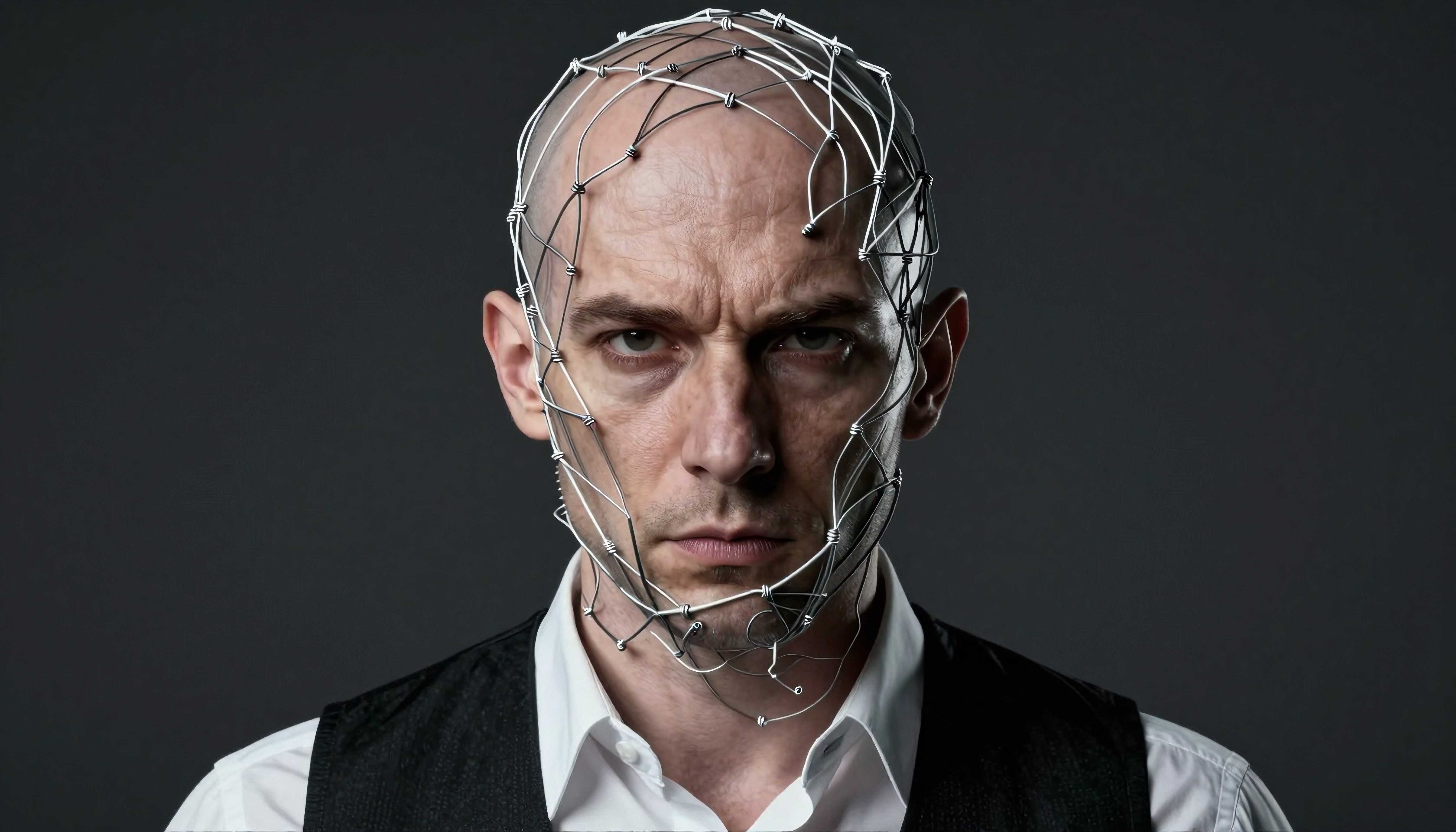 A bald man with wire sculpture on face, formal attire.