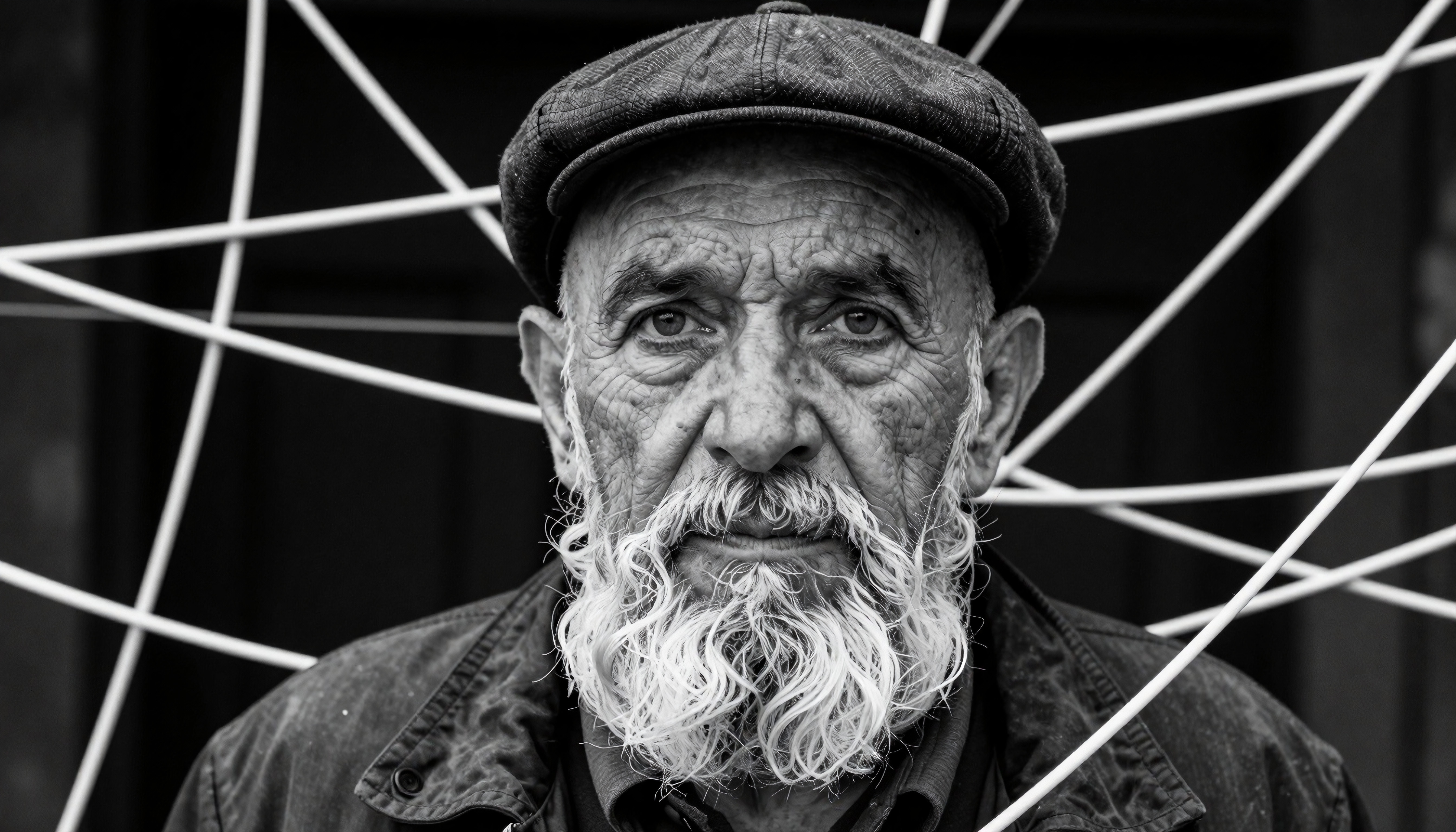 Portrait of an elderly man with a beard and cap in black and white, with a unique background of lines.