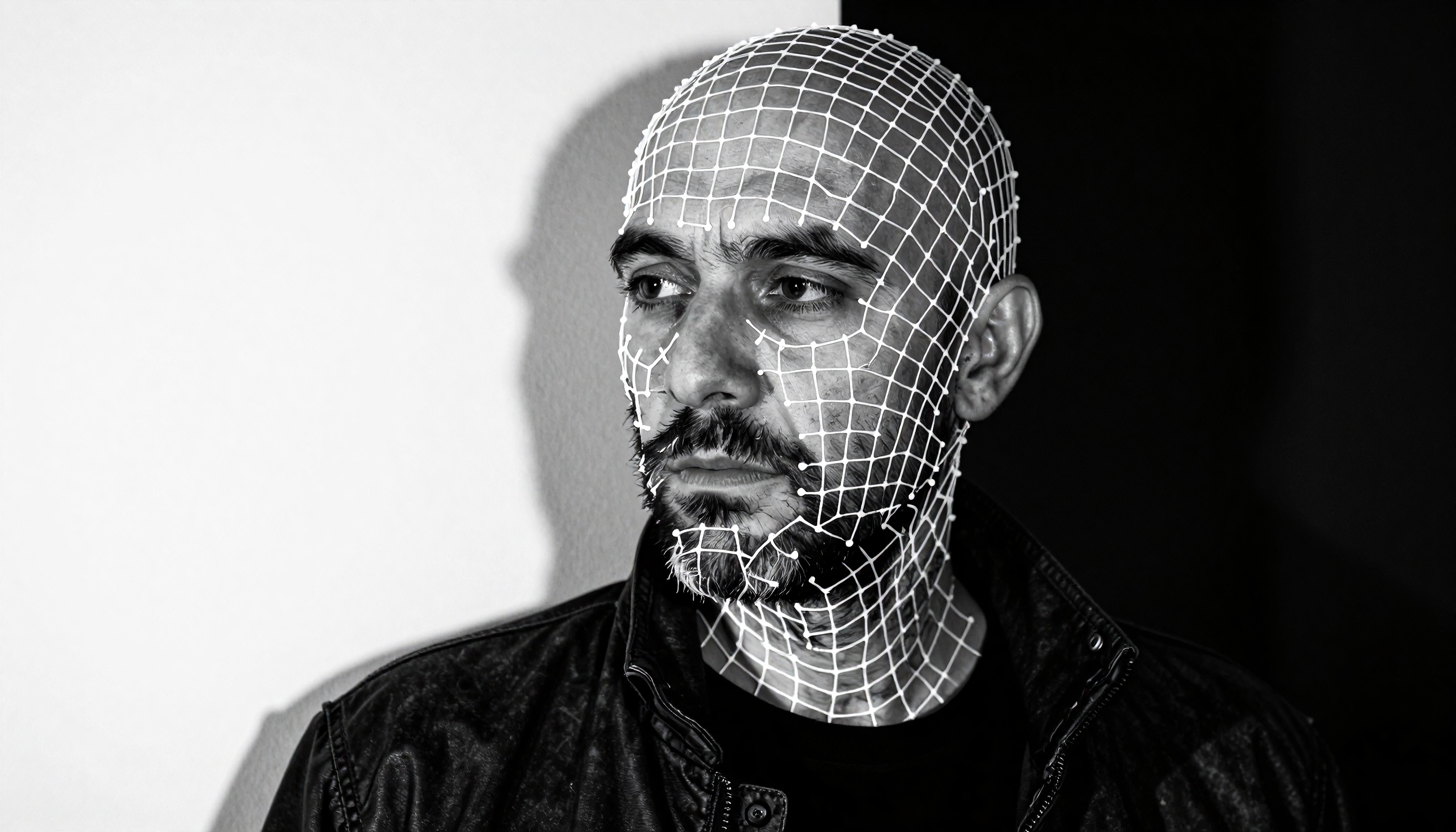 A man with a white wireframe overlay on his face in a high-contrast black and white portrait.