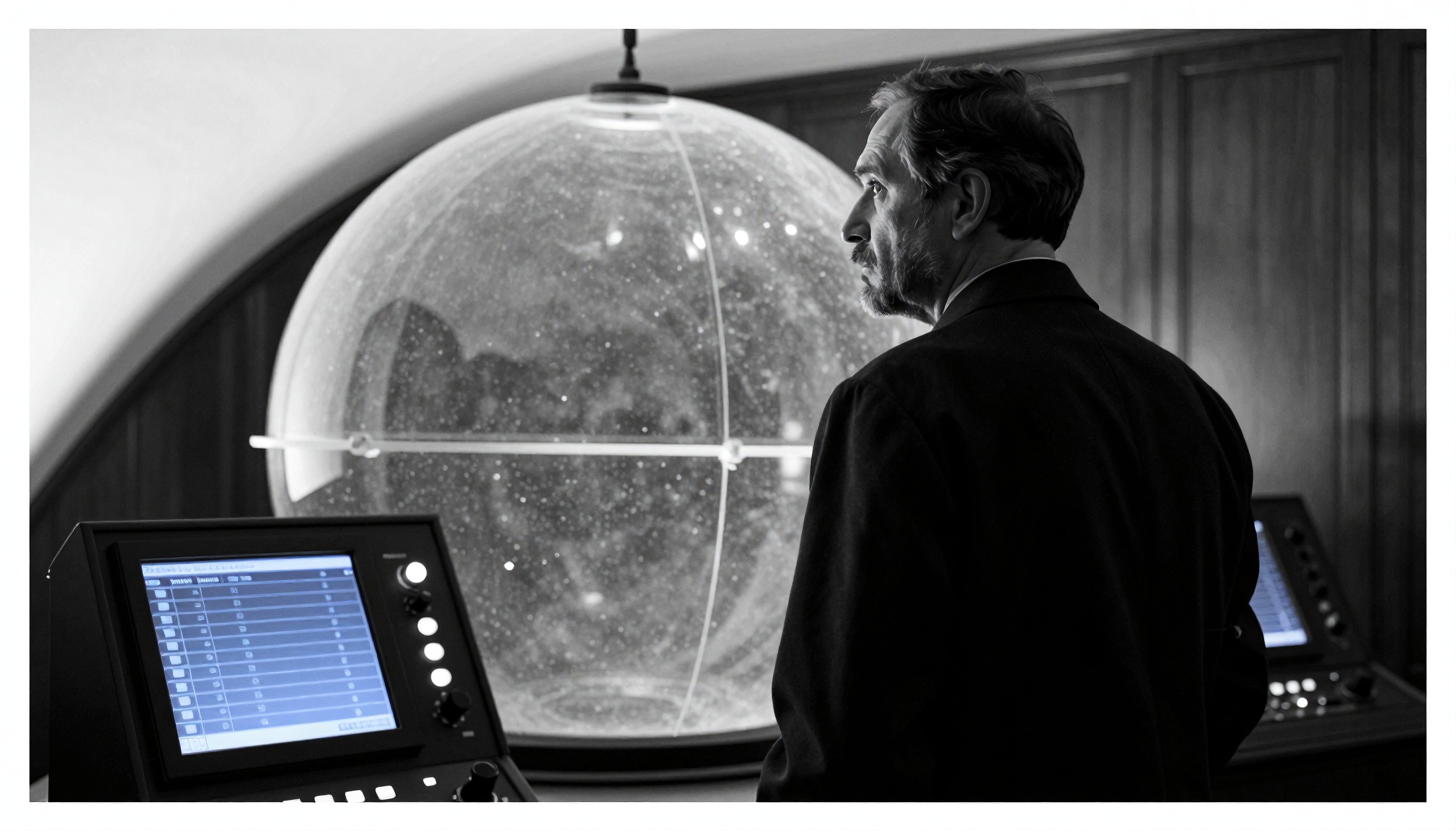 Man in a room looking at a star-filled spherical display, suggesting a blend of retro and futuristic themes.