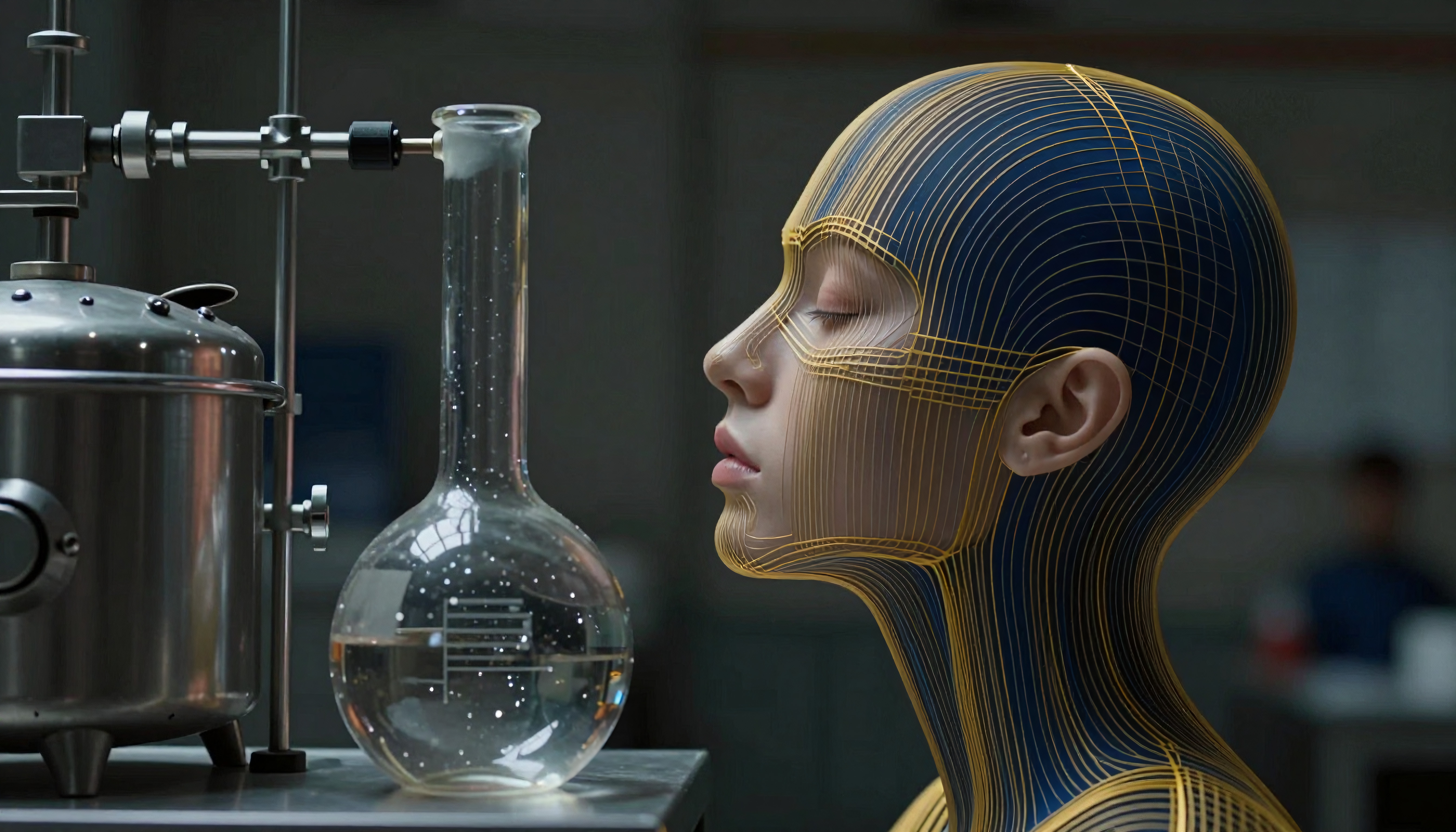 A futuristic scene depicting a young woman with a technologically advanced helmet alongside lab equipment, representing human-machine integration.